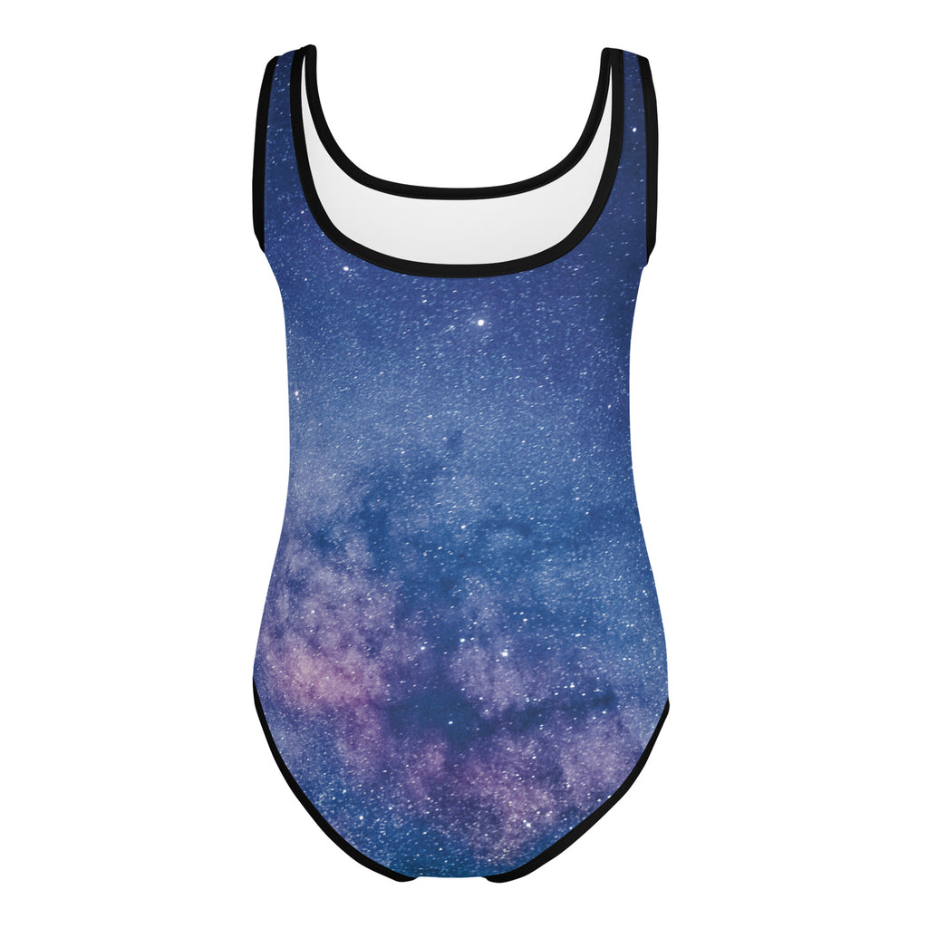 Girls starry night galaxy buttery soft one-piece swimsuit in blue and purple with black trim for dance and gymnastics