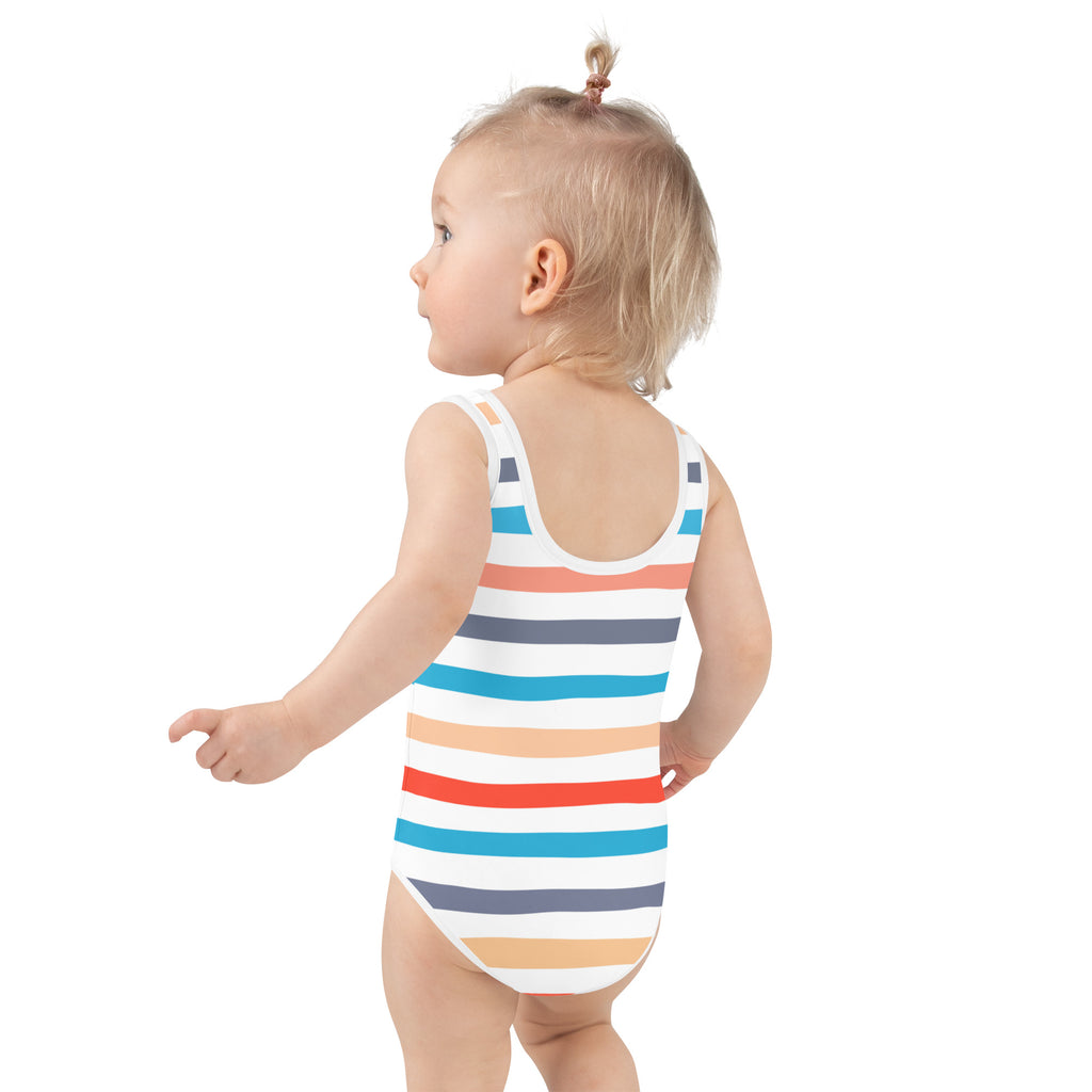 Girls coastal stripes buttery soft toddler one-piece swimsuit with upf 50+ featuring coral white teal navy and peach stripes
