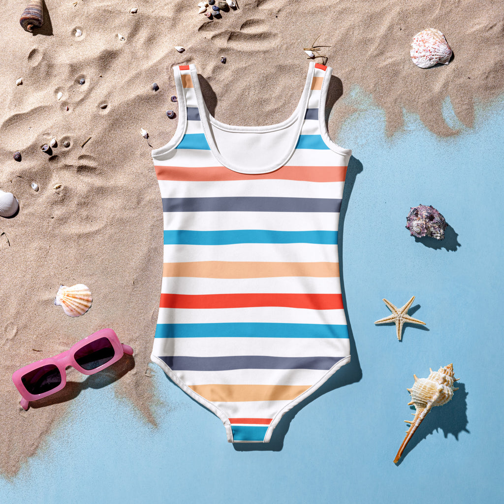 A girls coastal stripes buttery soft one-piece swimsuit with coral teal white and gray horizontal stripes and UPF 50+ protection