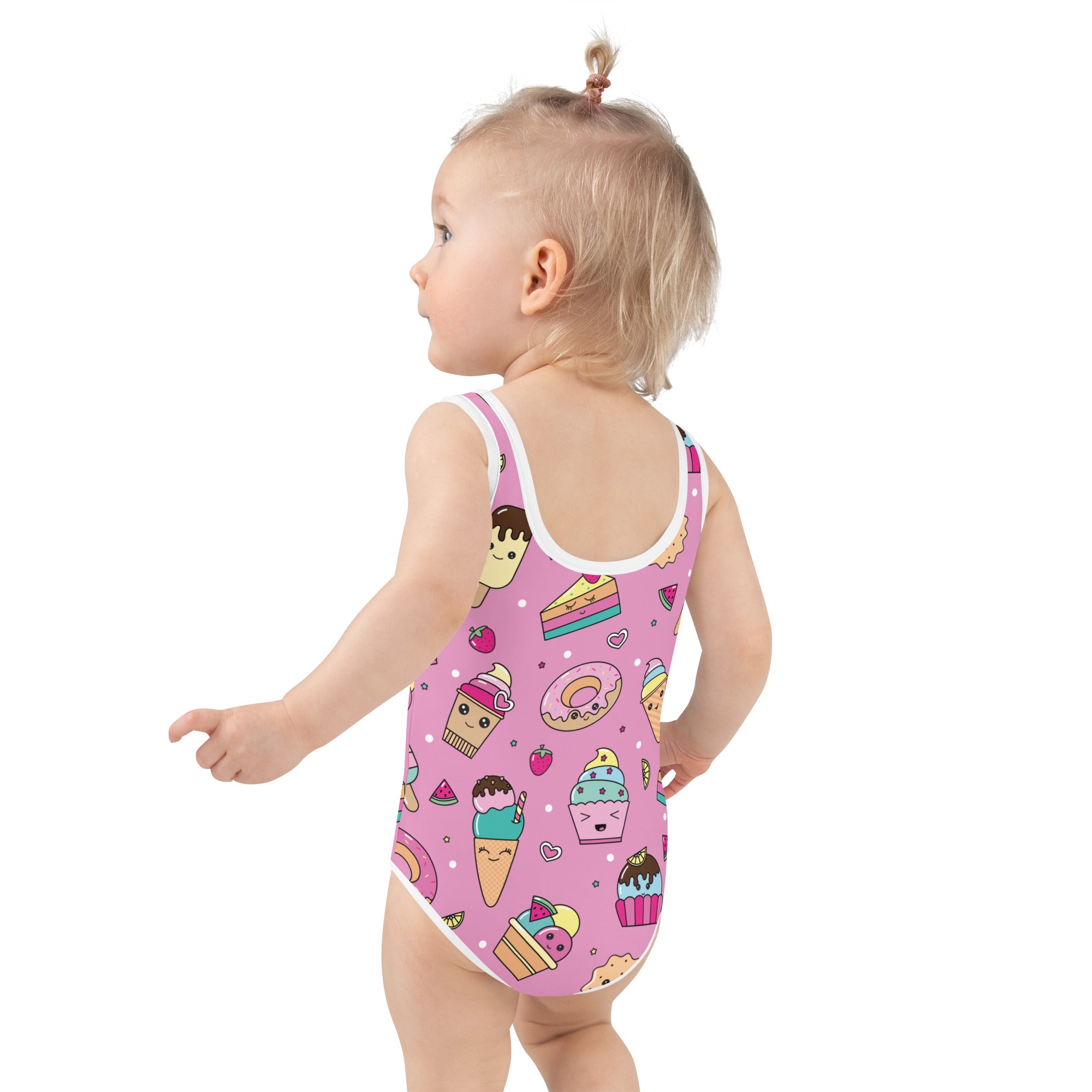 Girls kawaii sweet treats buttery soft pink one-piece swimsuit with white trim and playful ice cream and dessert pattern with upf 50+