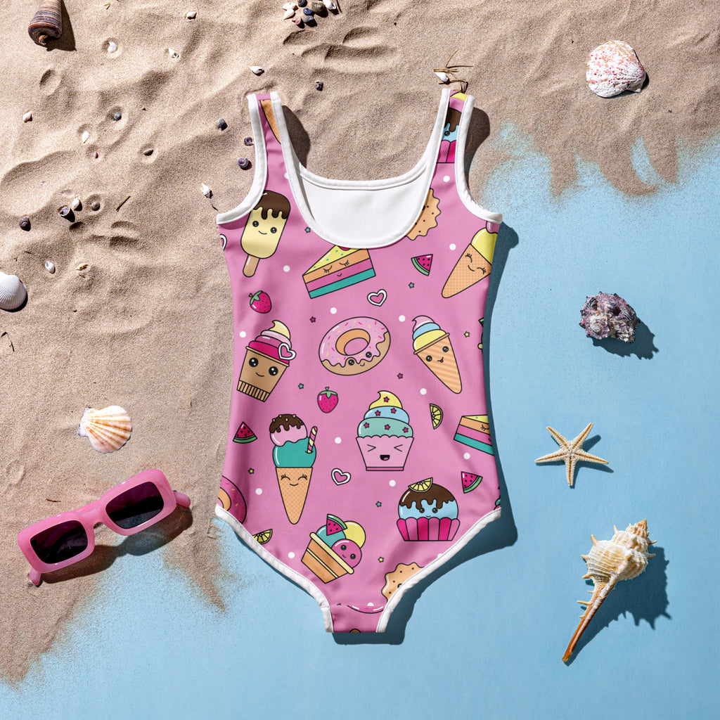 Girls kawaii sweet treats buttery soft pink one-piece swimsuit with cartoon dessert pattern and upf 50 plus protection