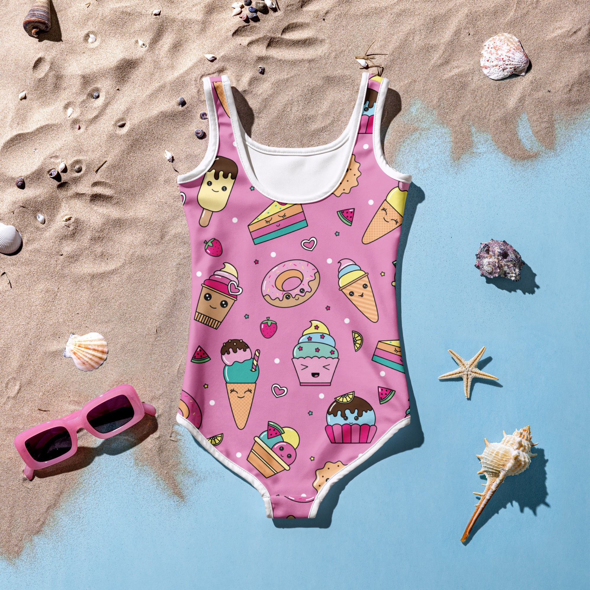 Girls kawaii sweet treats buttery soft pink one-piece swimsuit with cartoon dessert pattern and upf 50 plus protection