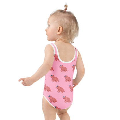 Girls Pink Triceratops Buttery Soft Swimsuit With UPF 50+