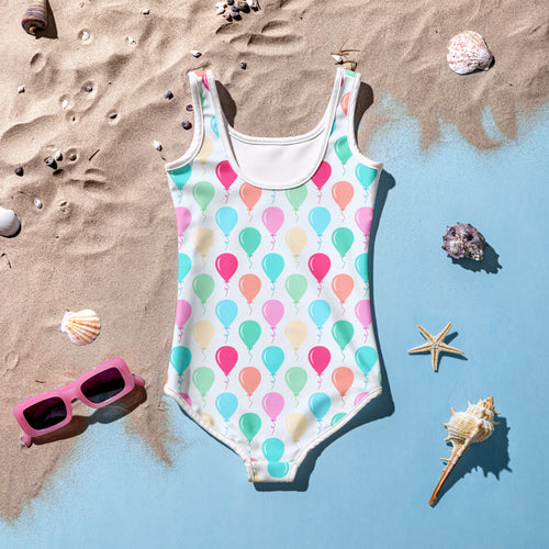 White one-piece girls birthday girl balloons swimsuit with pastel balloon pattern buttery soft fabric upf 50+