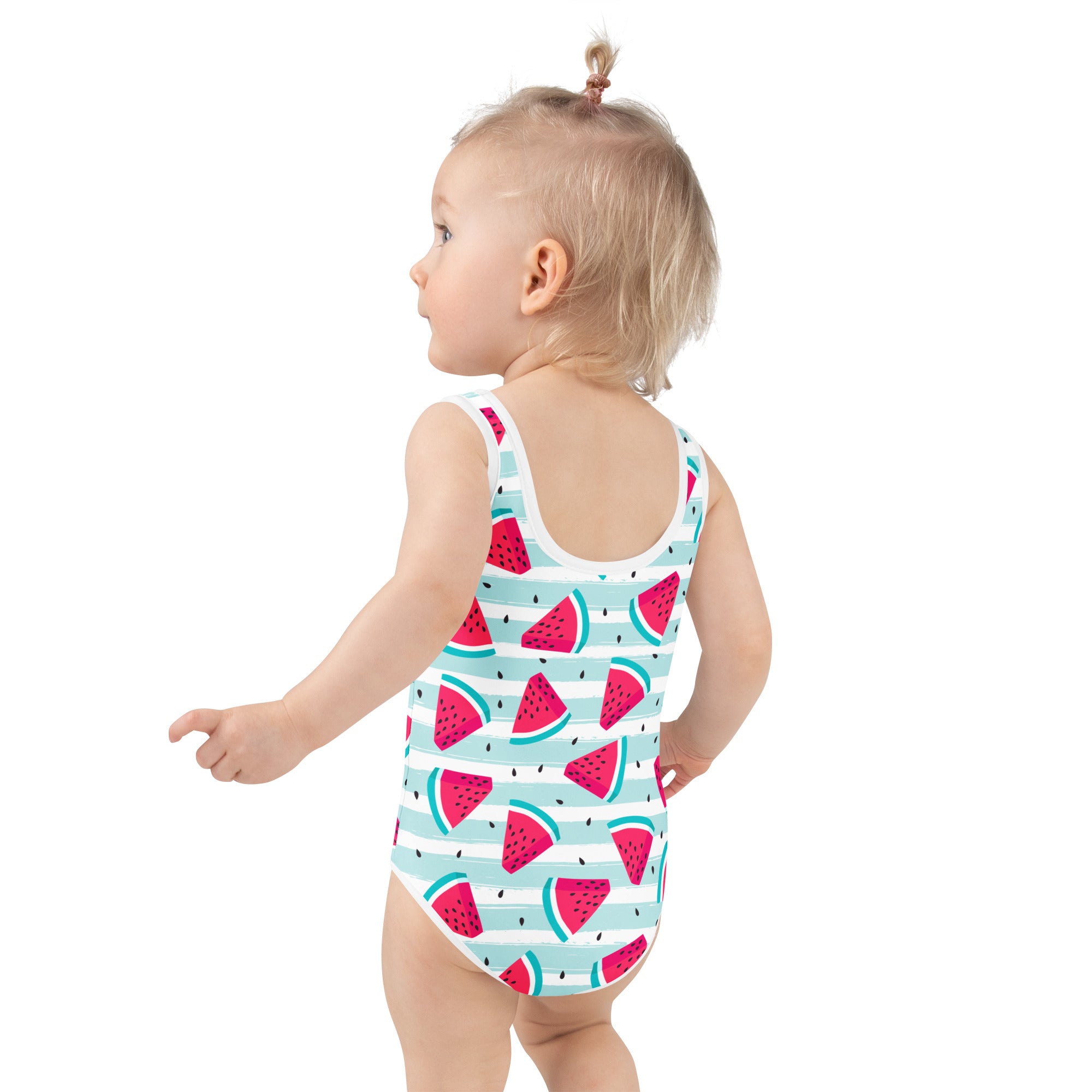 A toddler wearing a girls striped watermelon buttery soft swimsuit with UPF 50 featuring pink watermelon slices and light blue stripes