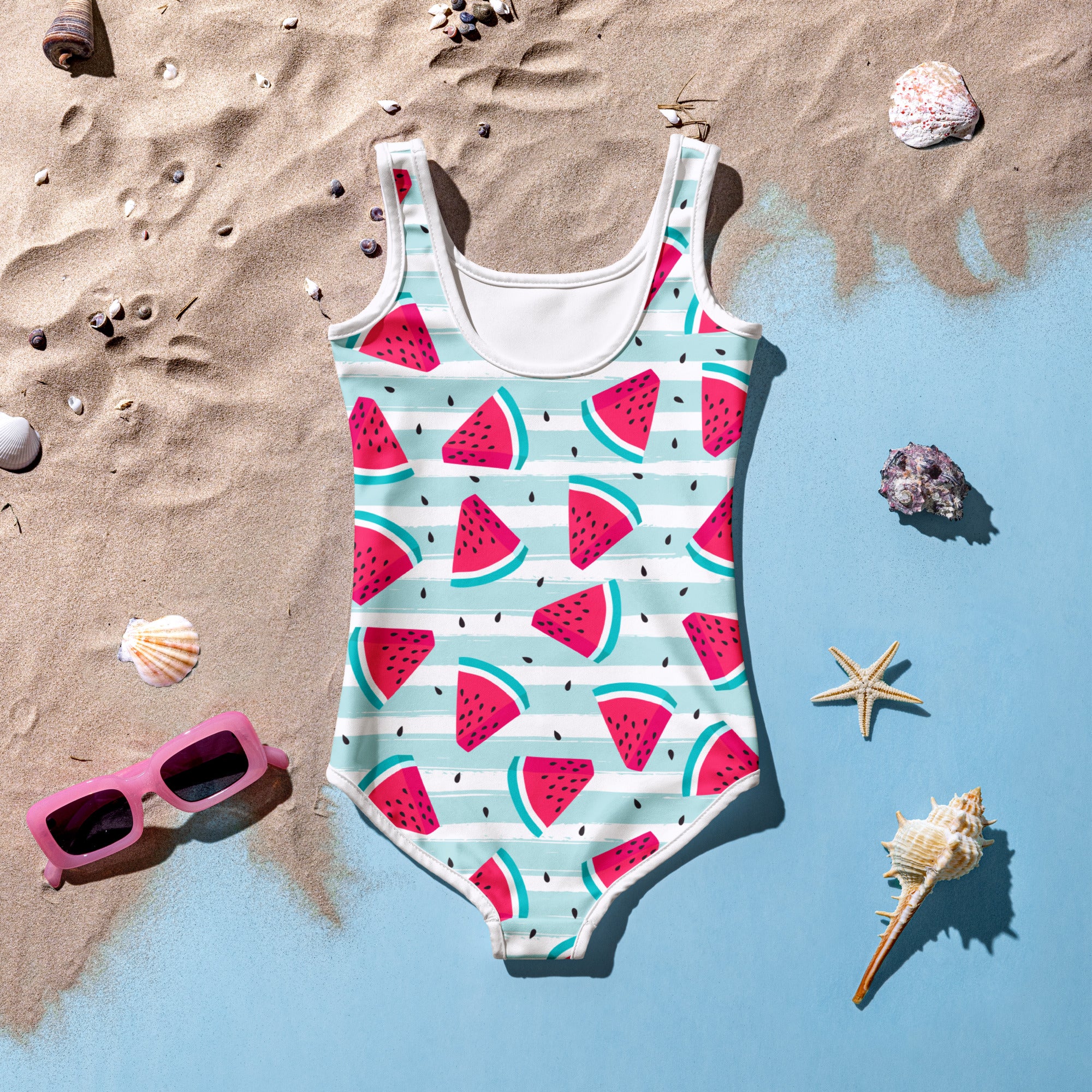 Girls striped watermelon buttery soft swimsuit with upf 50 featuring mint green and white stripes and pink melon slice design