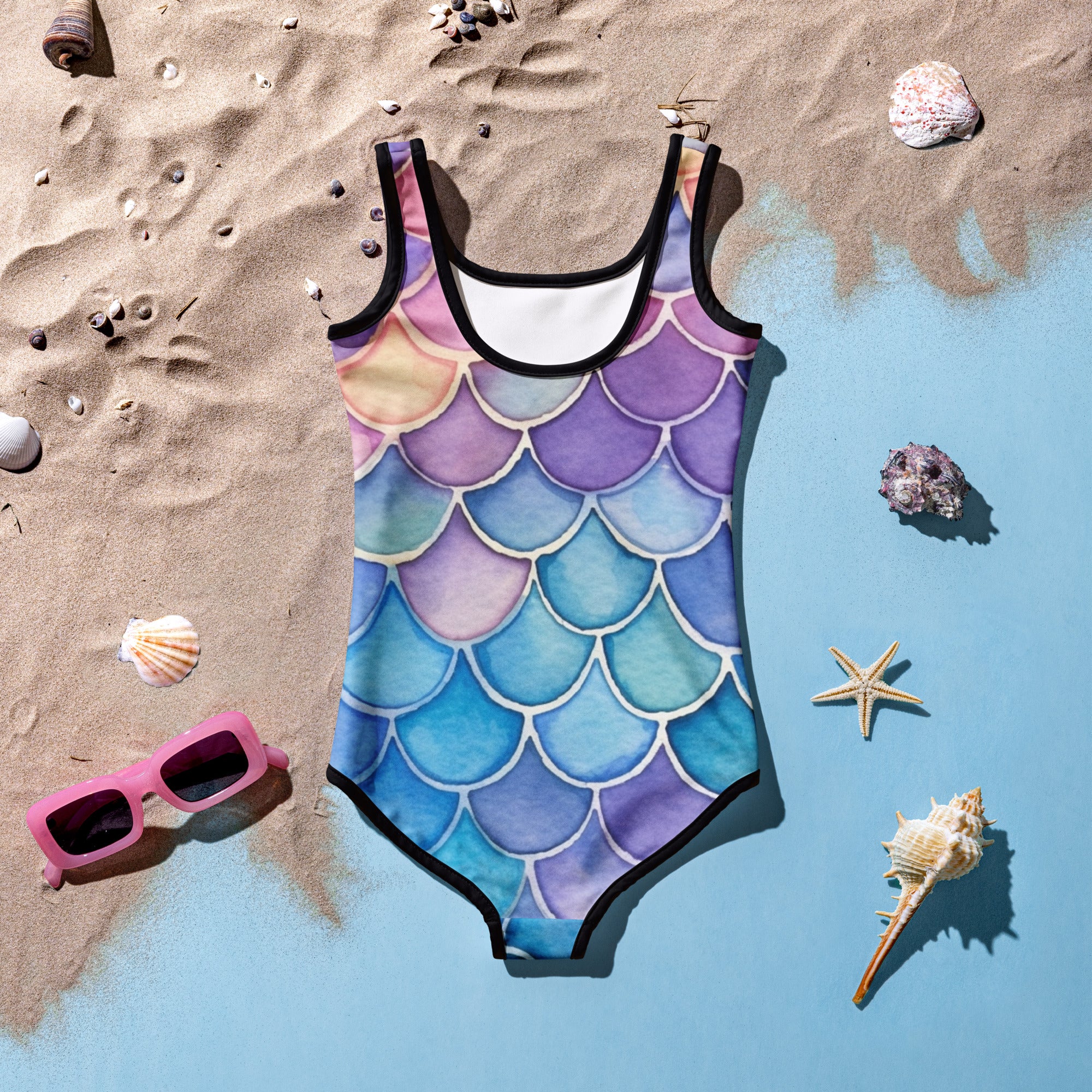 Girls watercolor mermaid scales buttery soft one-piece swimsuit with UPF 50 plus in purple blue and pink gradient with black trim