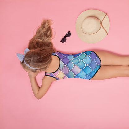 Girls Watercolor Mermaid Scales Buttery Soft Swimsuit With UPF 50+
