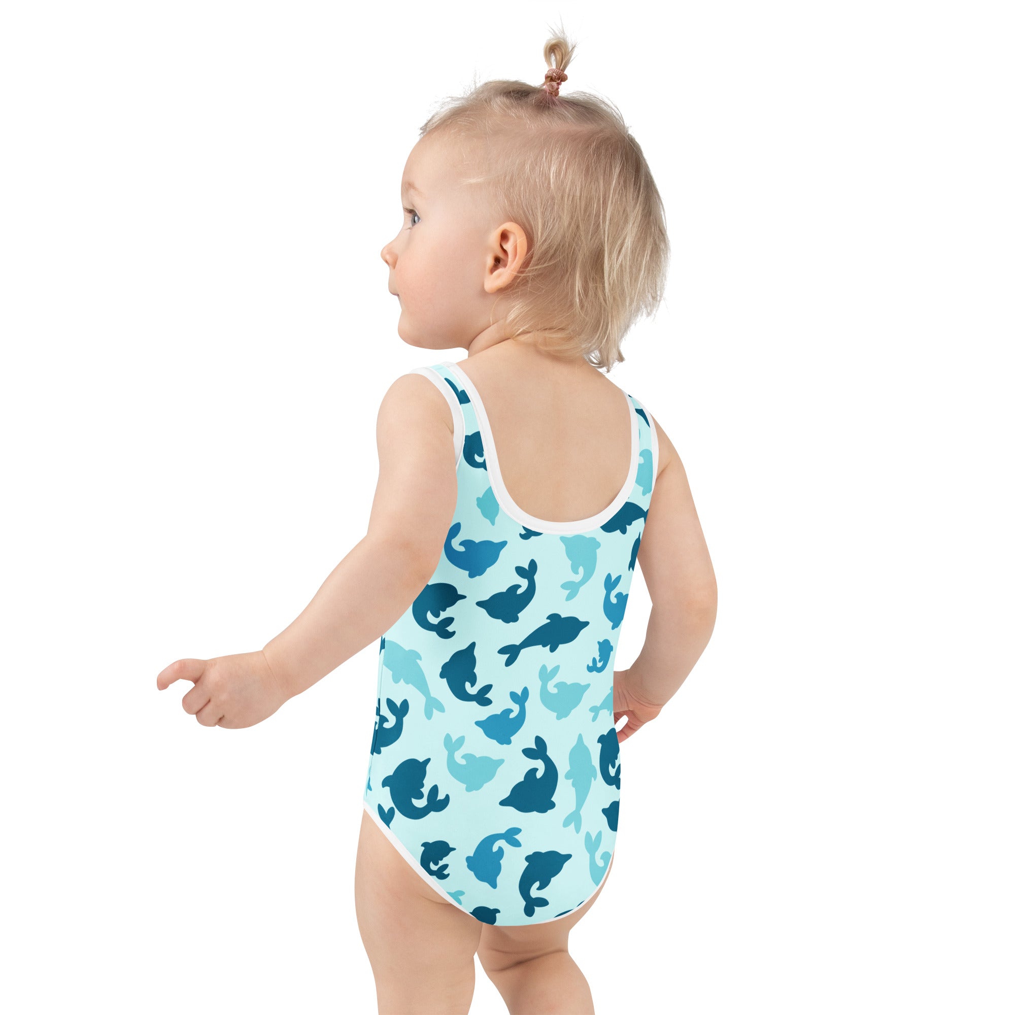Girls blue dolphin buttery soft one-piece swimsuit with upf 50 plus featuring playful dolphin pattern and white trim