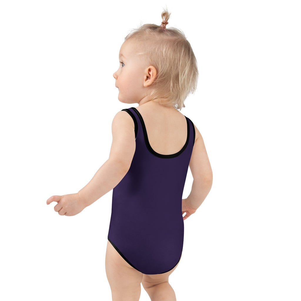Girls dark purple buttery soft one-piece swimsuit with upf 50 plus navy blue and black trim detailing