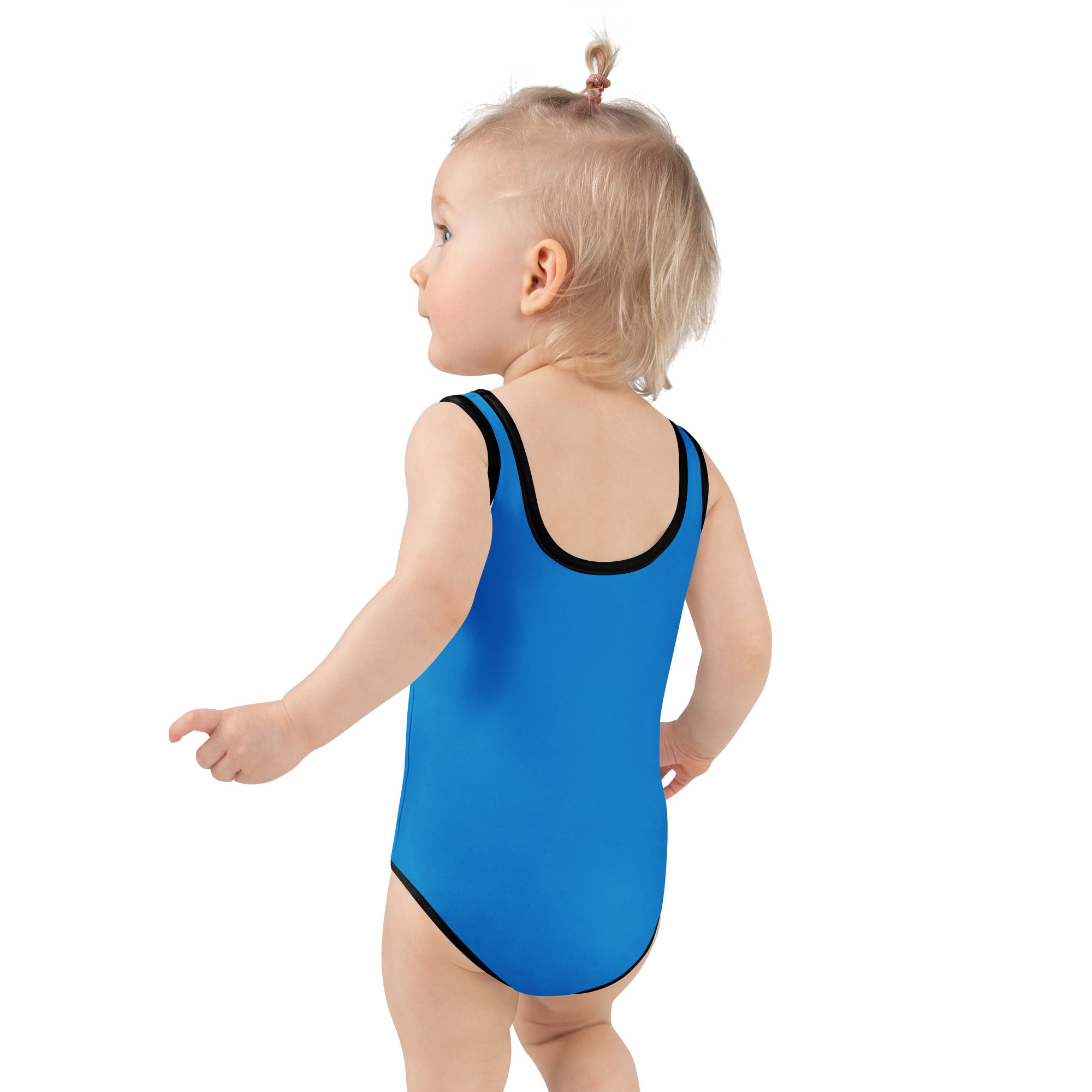 Girls royal blue buttery soft one-piece swimsuit with black trim and upf 50 plus sun protection