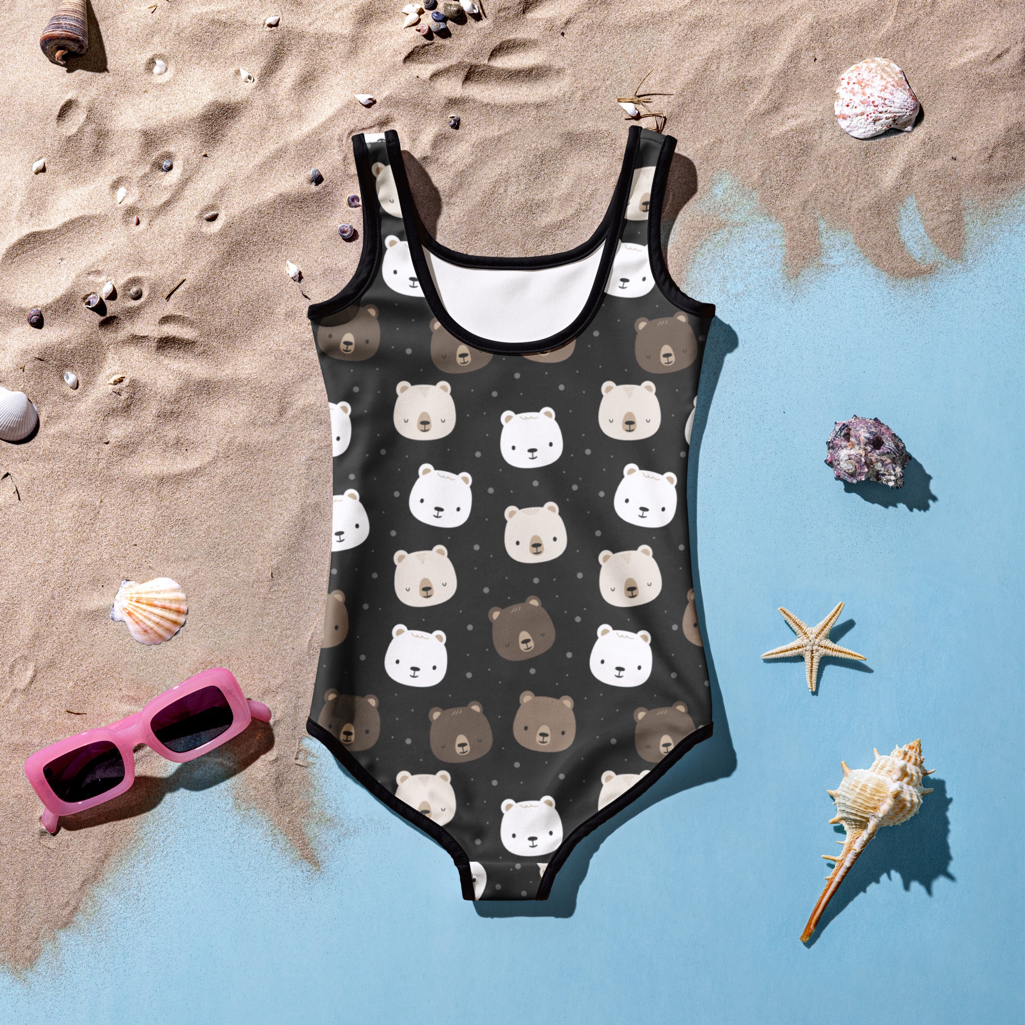 Black girls one-piece swimsuit with buttery soft fabric bear face pattern and upf 50 plus sun protection