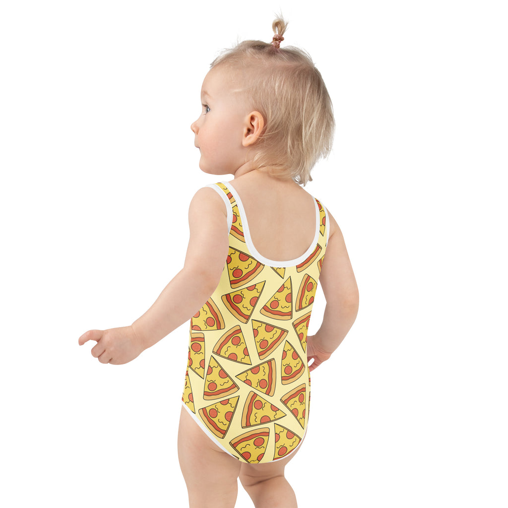 Girls yellow one-piece swimsuit with pizza slice pattern white trim buttery soft fabric and UPF 50 plus protection