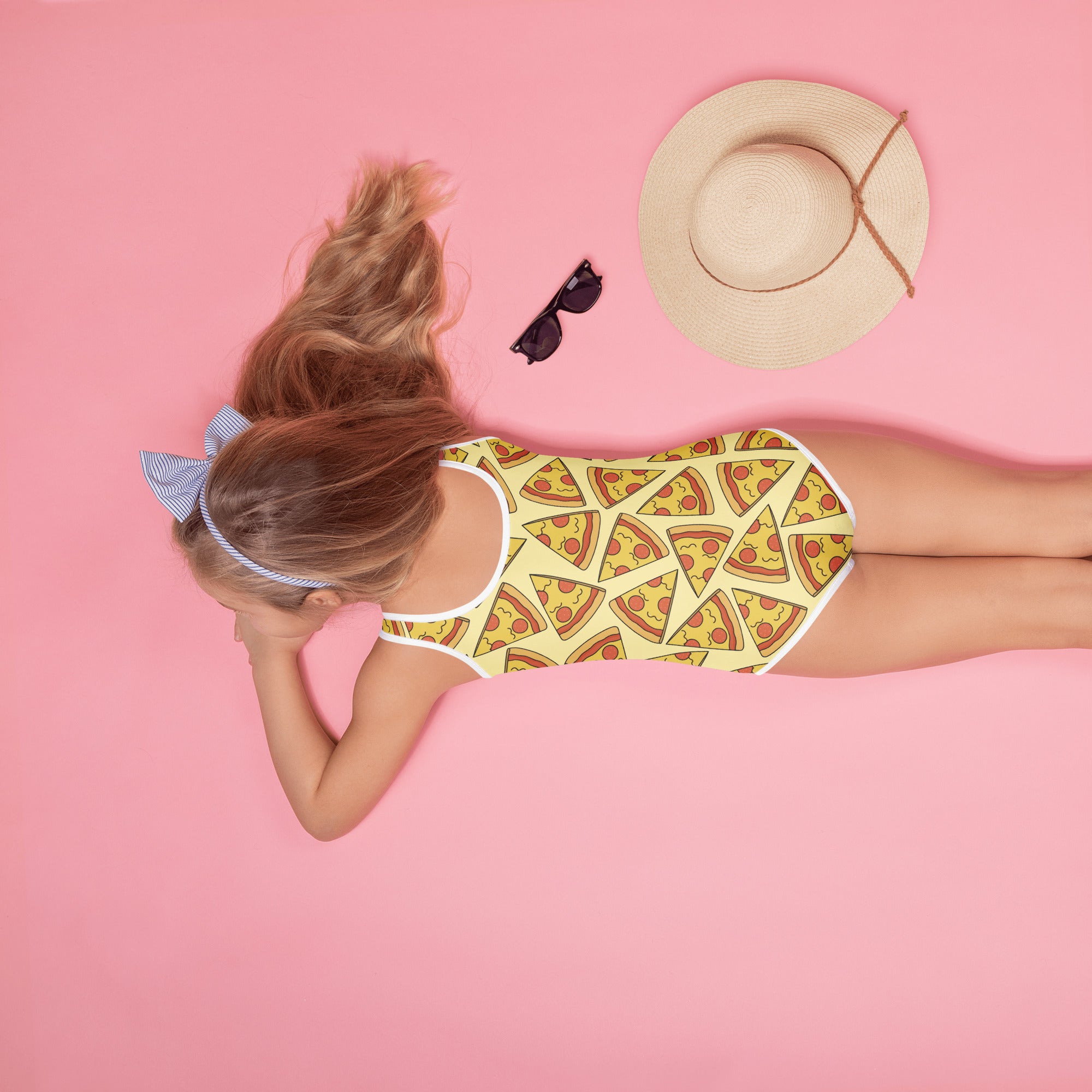 Yellow girls one-piece swimsuit with pizza slice pattern white trim buttery soft fabric and upf 50+ protection