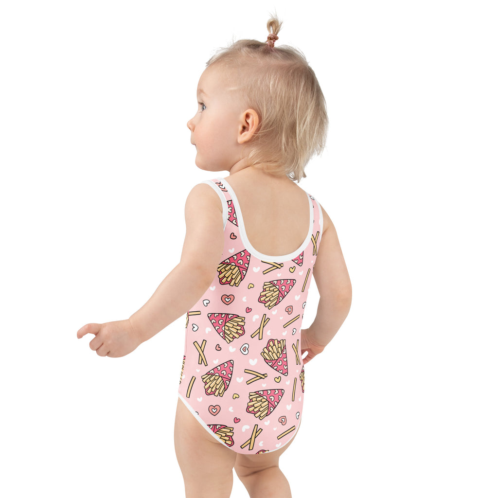 Pink girls one-piece swimsuit with cartoon french fries pizza slices hearts buttery soft fabric upf 50 plus protection