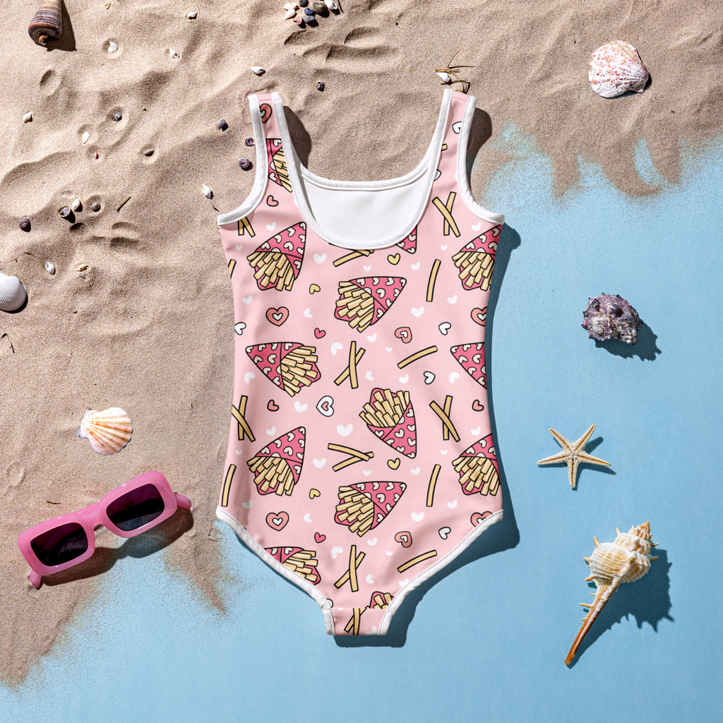 Pink girls one-piece swimsuit with playful french fries and hearts pattern white trim buttery soft upf 50+