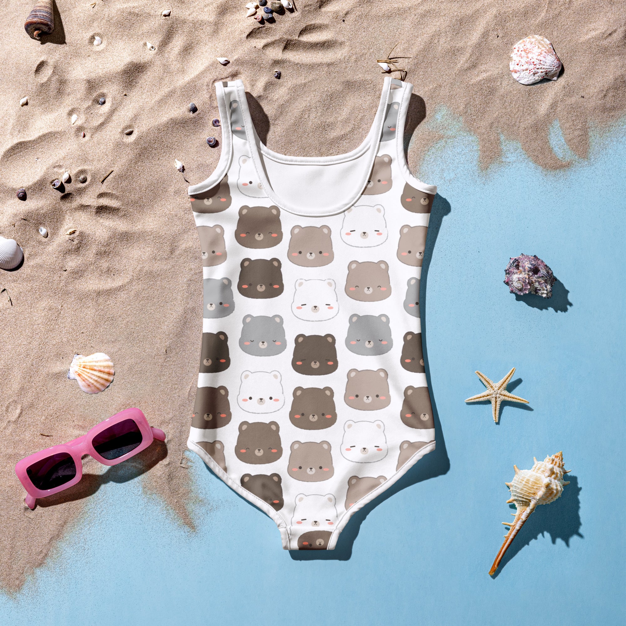 Girls kawaii bear faces buttery soft white one-piece swimsuit with cartoon bear pattern and UPF 50+ sun protection