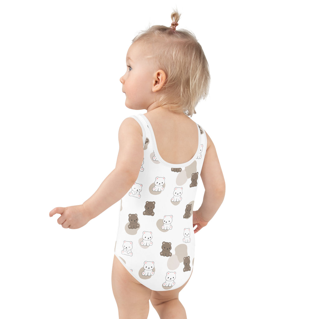 Girls cute teddy bears white one-piece bodysuit with playful brown and gray cartoon bears buttery soft fabric upf 50+