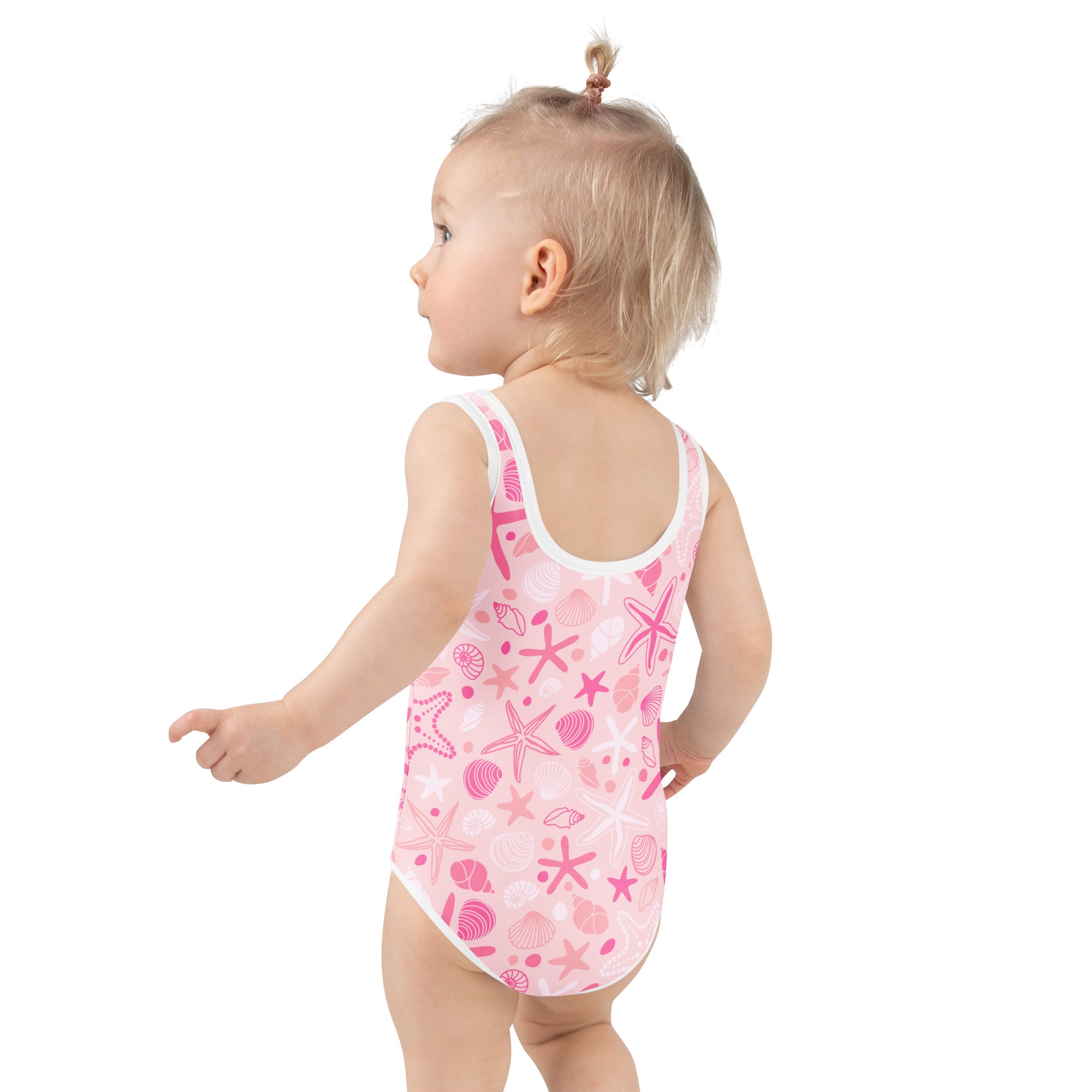 Girls pink starfish and seashell buttery soft one-piece swimsuit with white trim and upf 50 plus protection