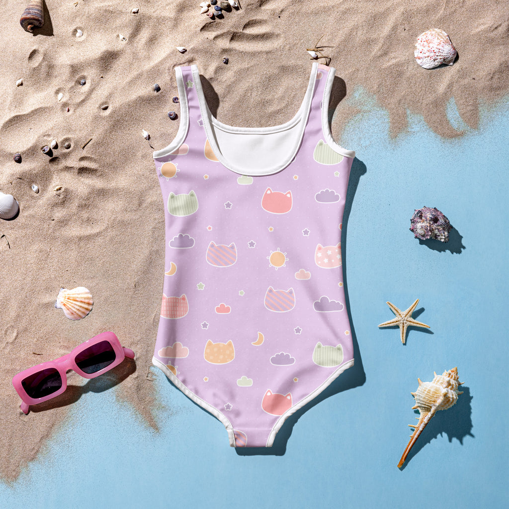 Girls pastel purple kawaii cats and clouds buttery soft swimsuit with upf 50 plus featuring playful white trim pattern