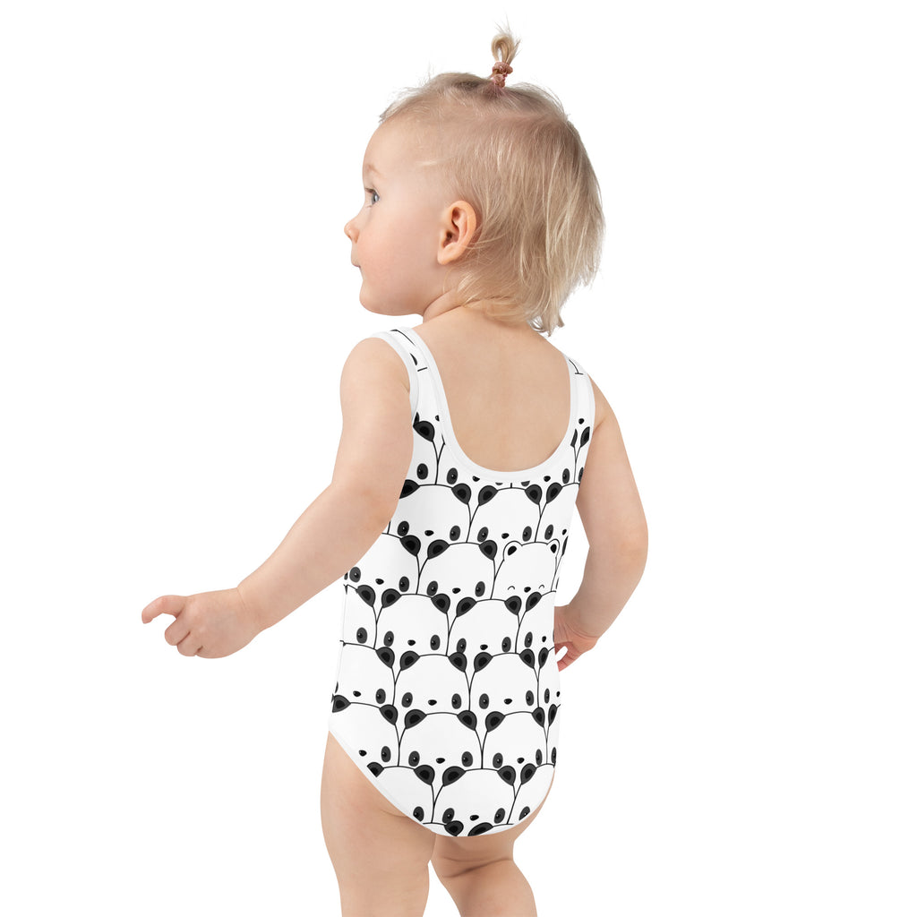 White one-piece girls swimsuit with black panda face pattern made of buttery soft fabric and upf 50+ protection