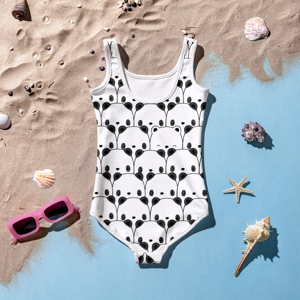 White one-piece girls swimsuit with black kawaii panda pattern made of buttery soft fabric and upf 50 plus protection