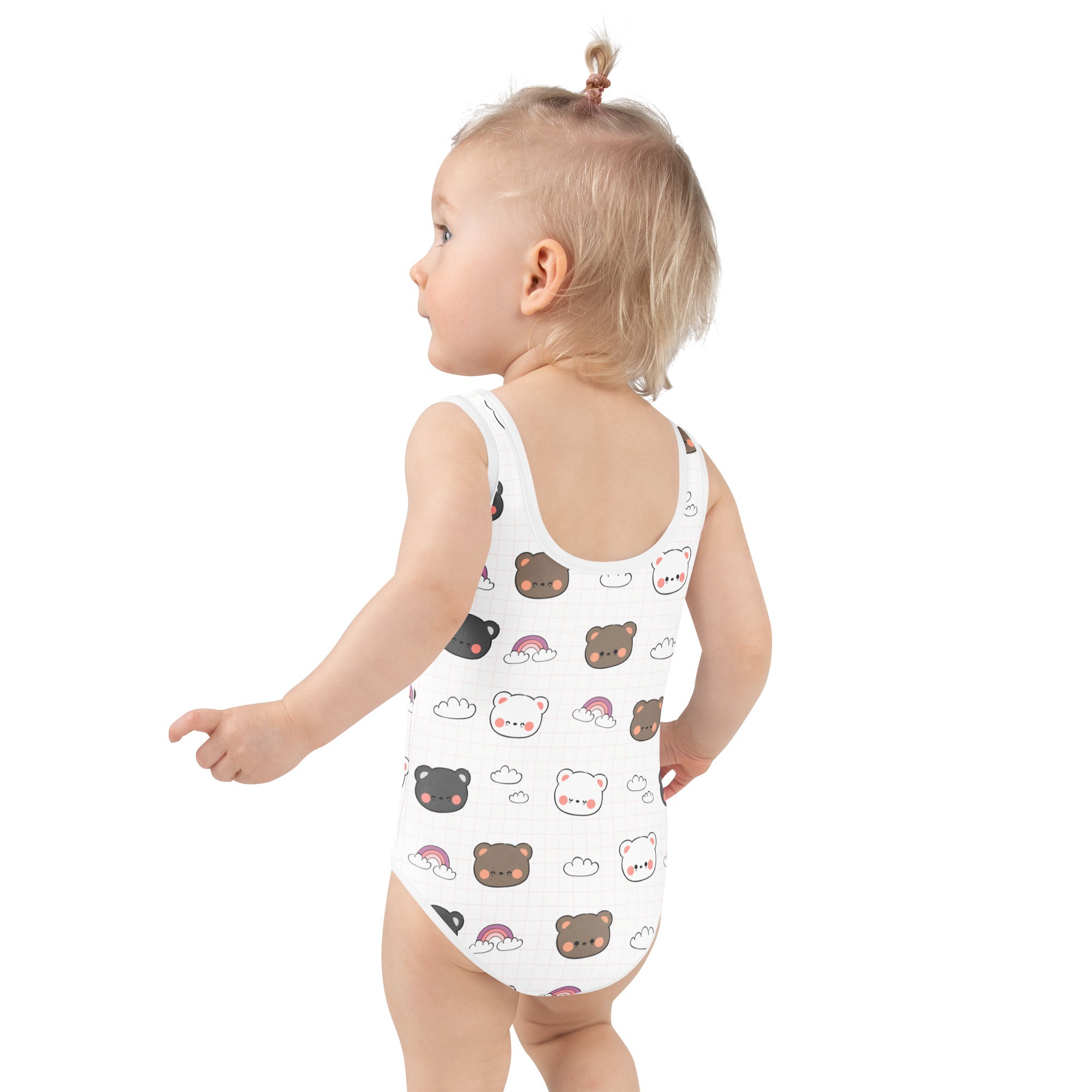 White one-piece baby bodysuit with kawaii bear rainbow pattern in soft brown pink and gray buttery soft fabric with upf 50+