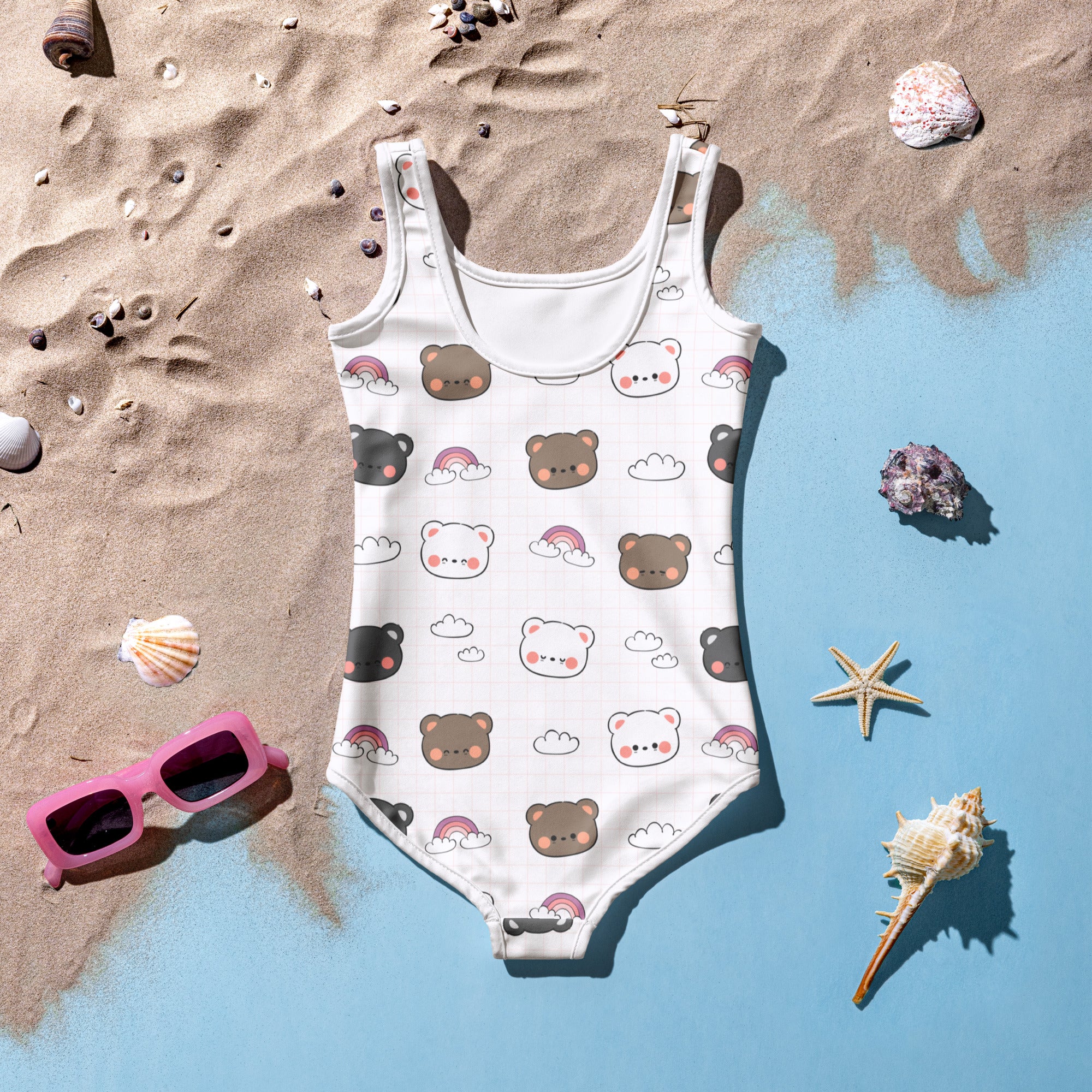 White girls kawaii bear and rainbow one-piece swimsuit with buttery soft fabric and UPF 50 plus sun protection