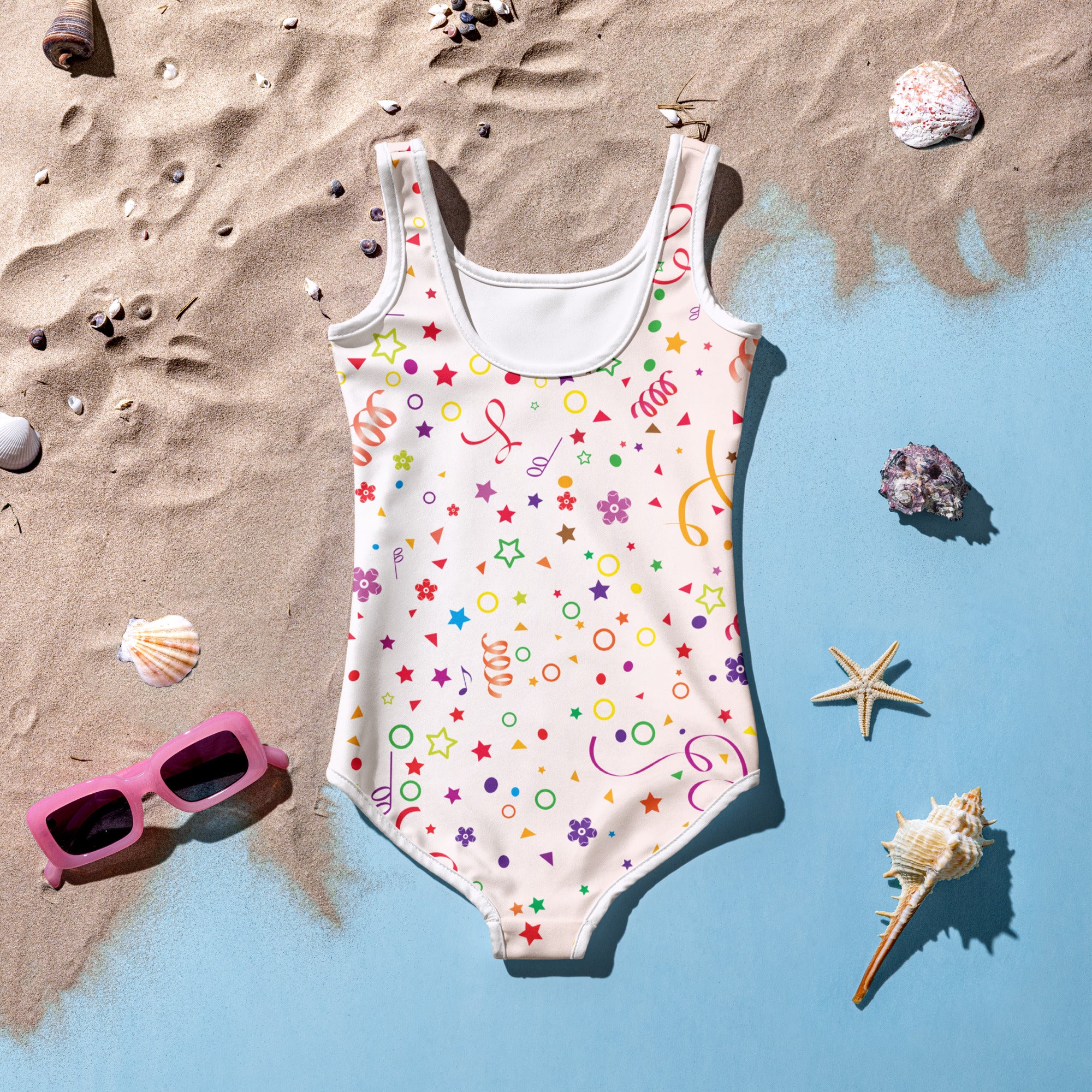 A playful off-white girls party confetti buttery soft one-piece swimsuit with vibrant rainbow stars and upf 50 protection