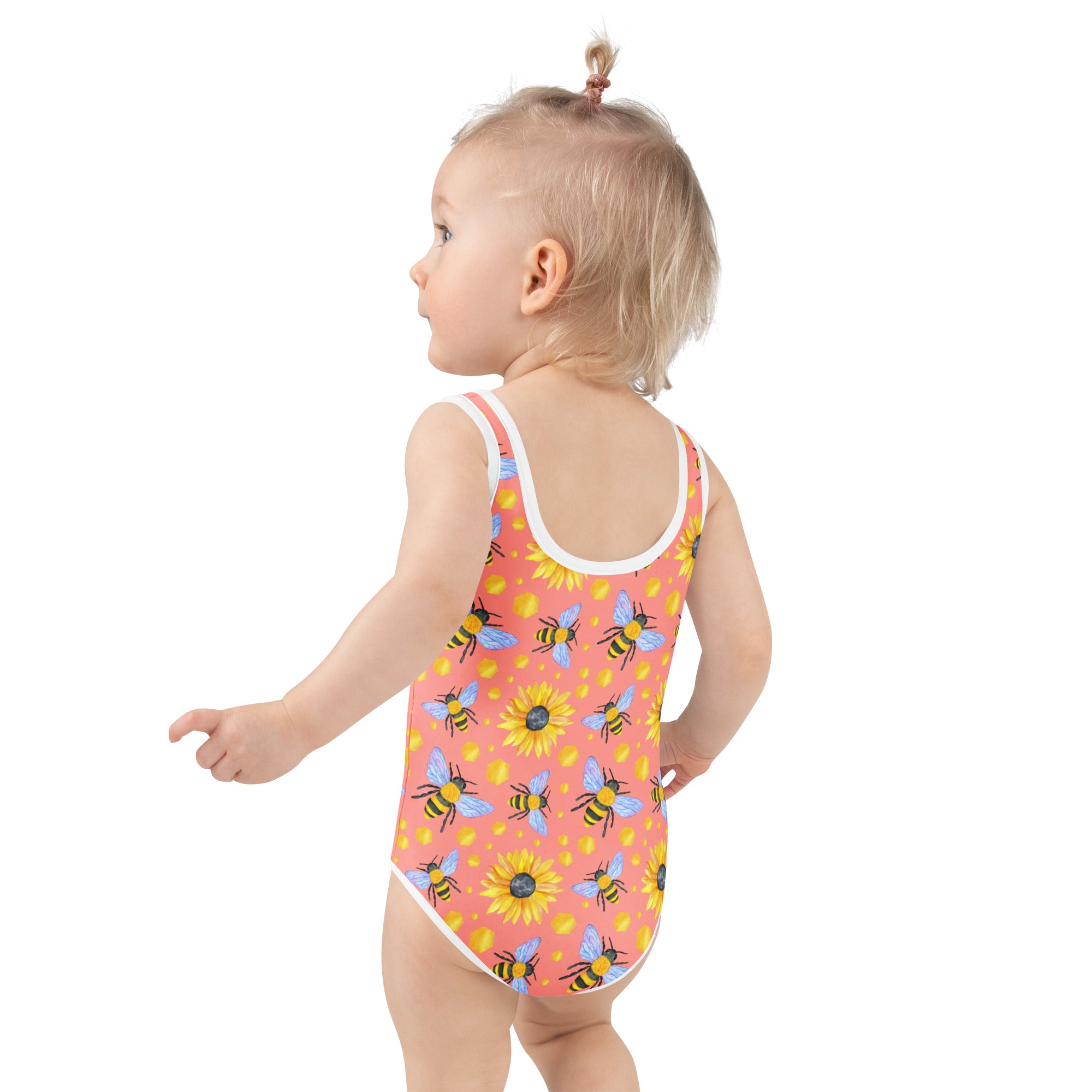 Coral girls one-piece swimsuit with bee and sunflower pattern buttery soft fabric upf 50 plus protection