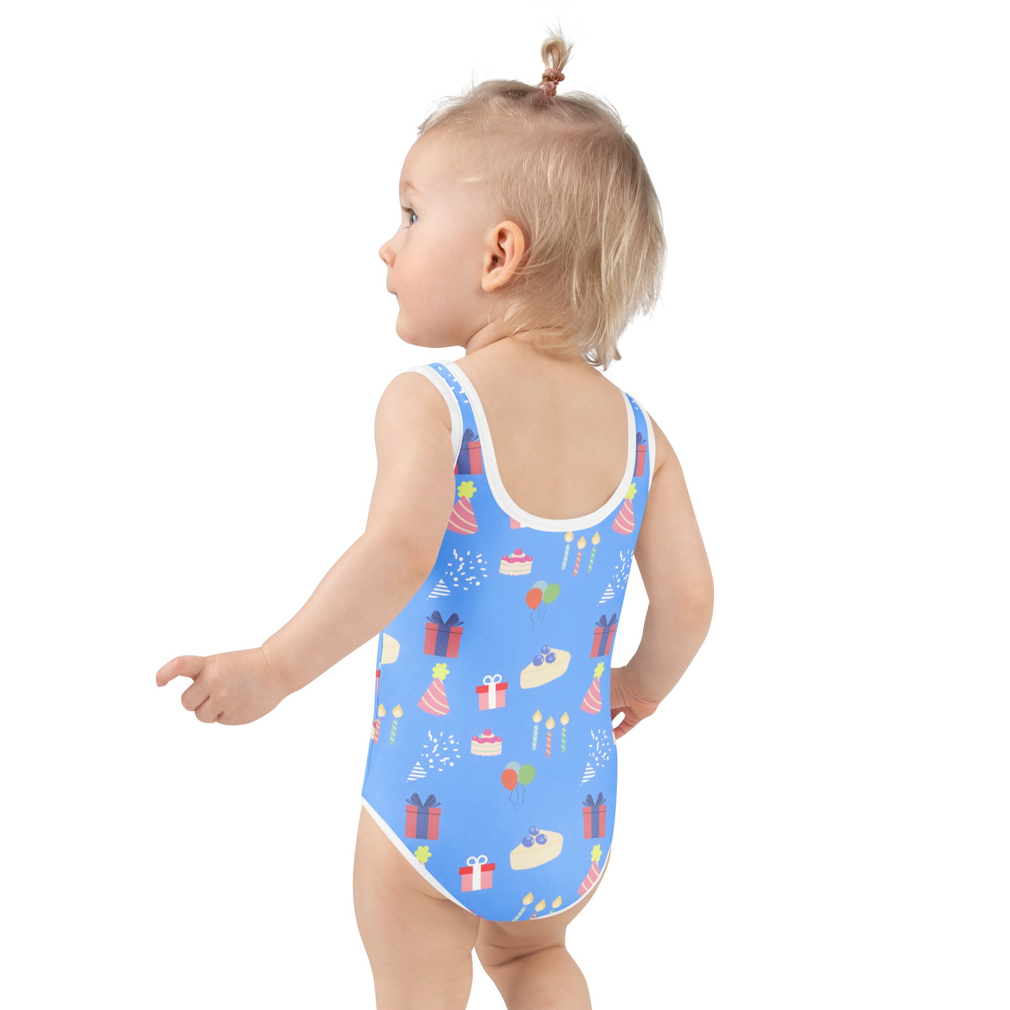 Girls blue birthday party buttery soft one-piece swimsuit with white trim and festive cakes and gifts pattern upf 50+