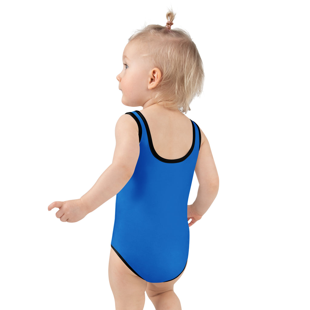 Girls blue tropical parrot one-piece swimsuit with black trim buttery soft fabric and UPF 50 plus sun protection