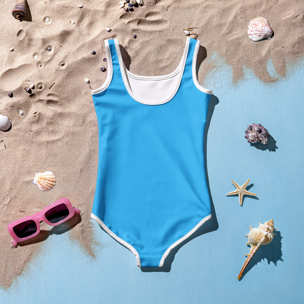 Girls sky blue buttery soft one-piece swimsuit with white trim and UPF 50 plus sun protection