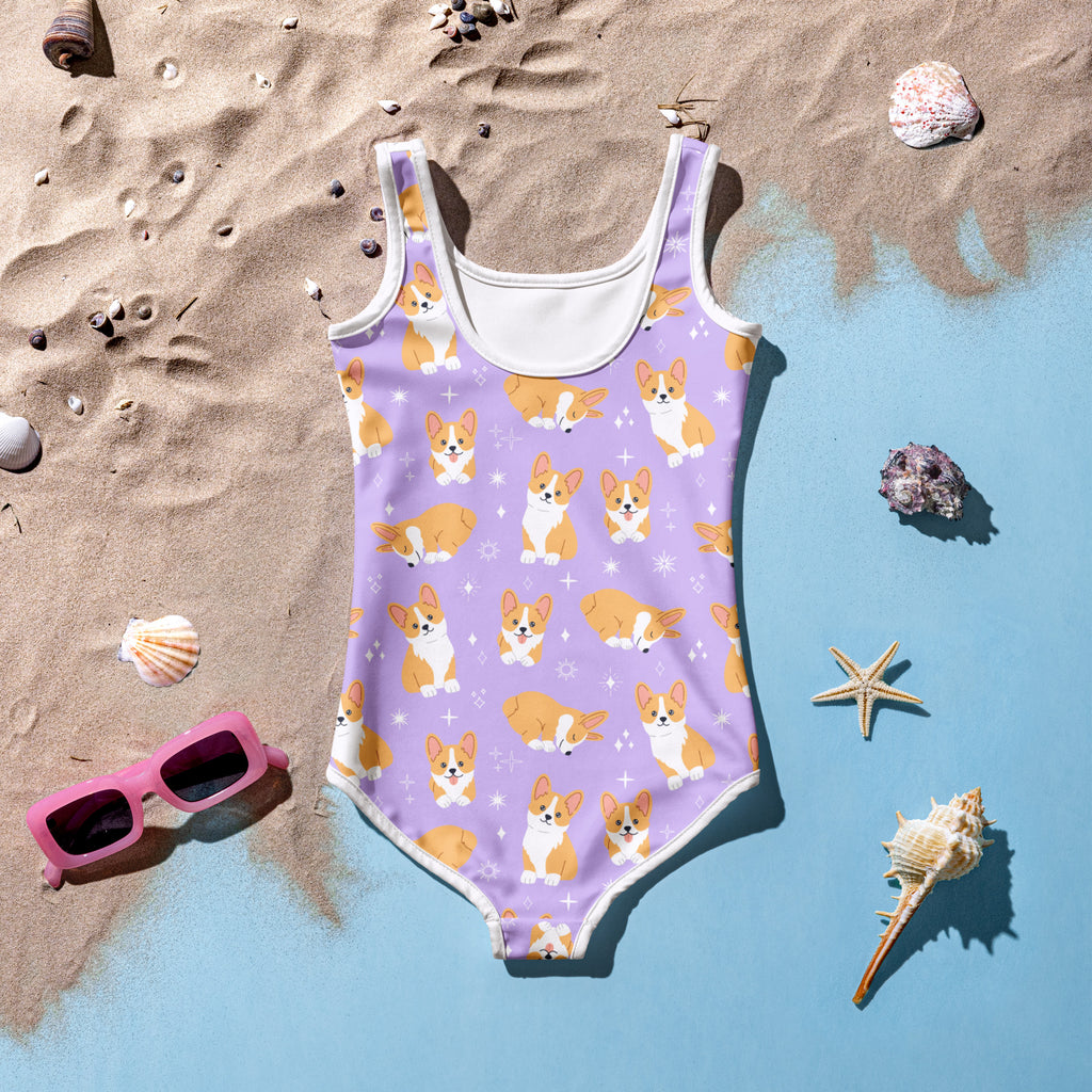Girls Purple Corgi Dog Custom Age It's My Birthday Swimsuit 