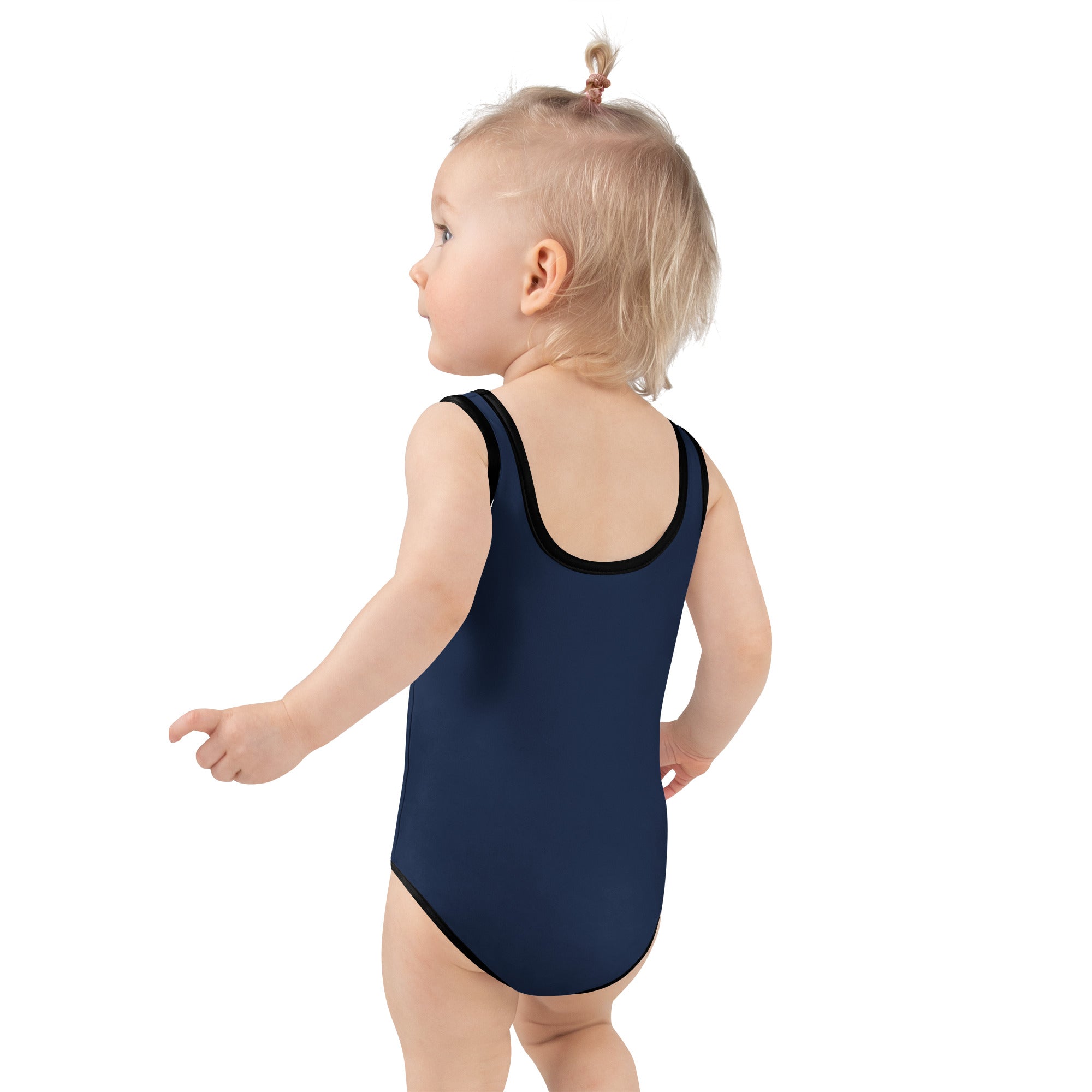 Girls navy blue buttery soft one-piece swimsuit with black trim and UPF 50 plus sun protection for outdoor use