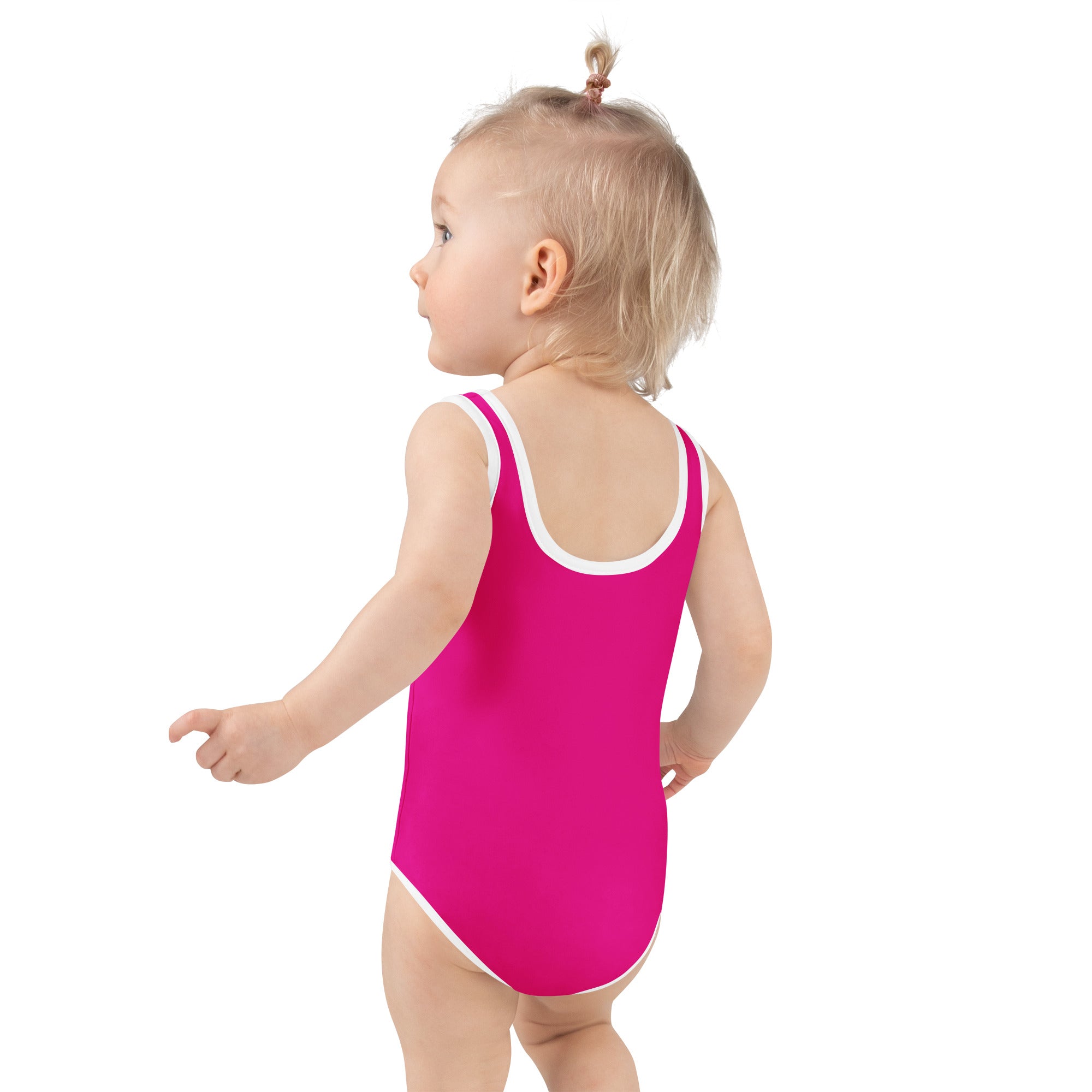 A vibrant fuchsia girls one-piece buttery soft swimsuit with white trim and upf 50 plus sun protection