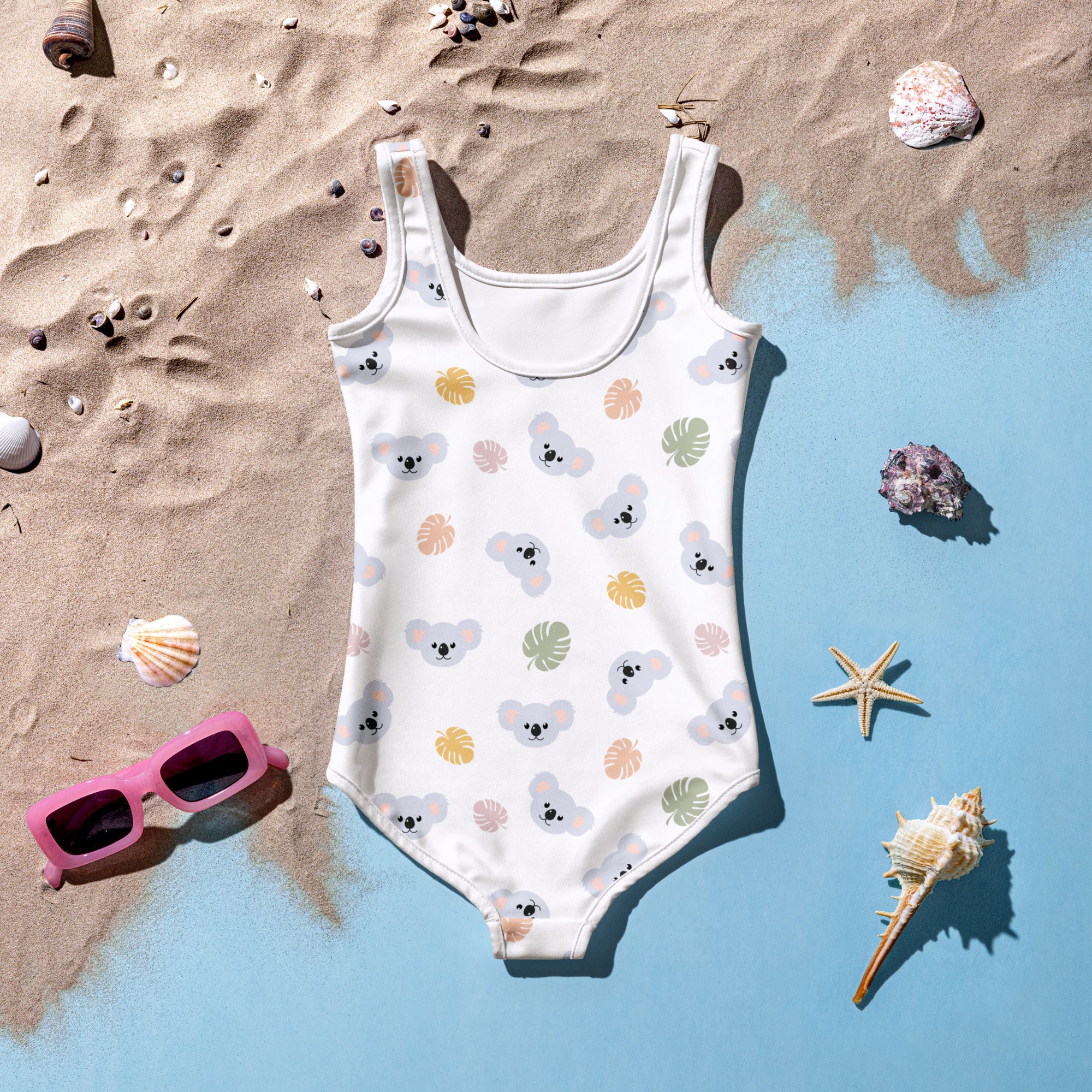 White girls one-piece swimsuit with pastel koala and leaves pattern buttery soft fabric upf 50+ protection
