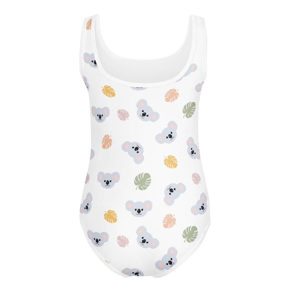 Girls koala bear buttery soft white one-piece swimsuit with gray koala faces and pastel tropical leaves for dance and gymnastics