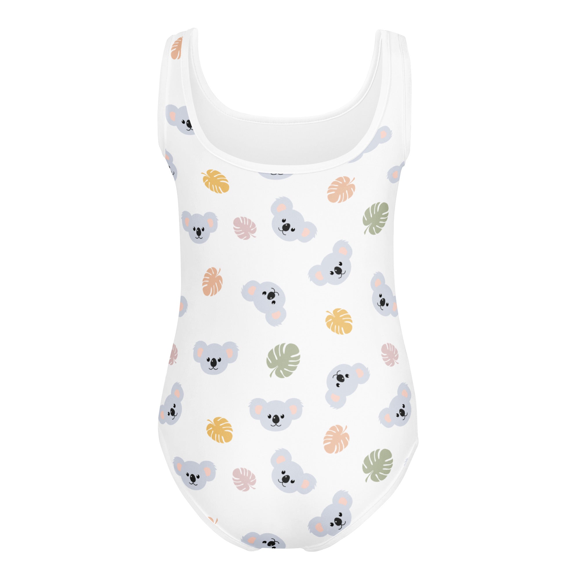 Girls koala bear buttery soft white one-piece swimsuit with gray koala faces and pastel tropical leaves for dance and gymnastics