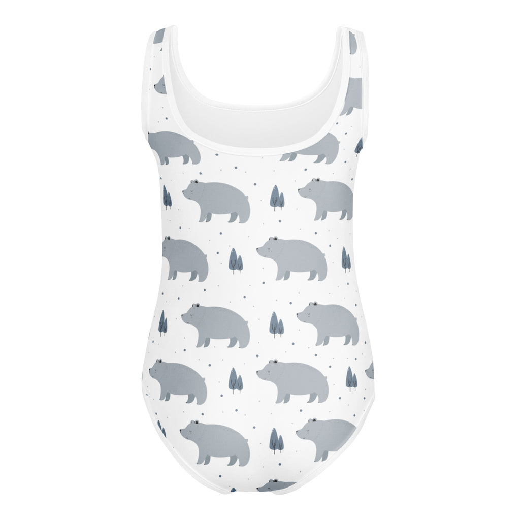 Girls white gray bear buttery soft leotard with playful pattern for quick drying dance and gymnastics wear