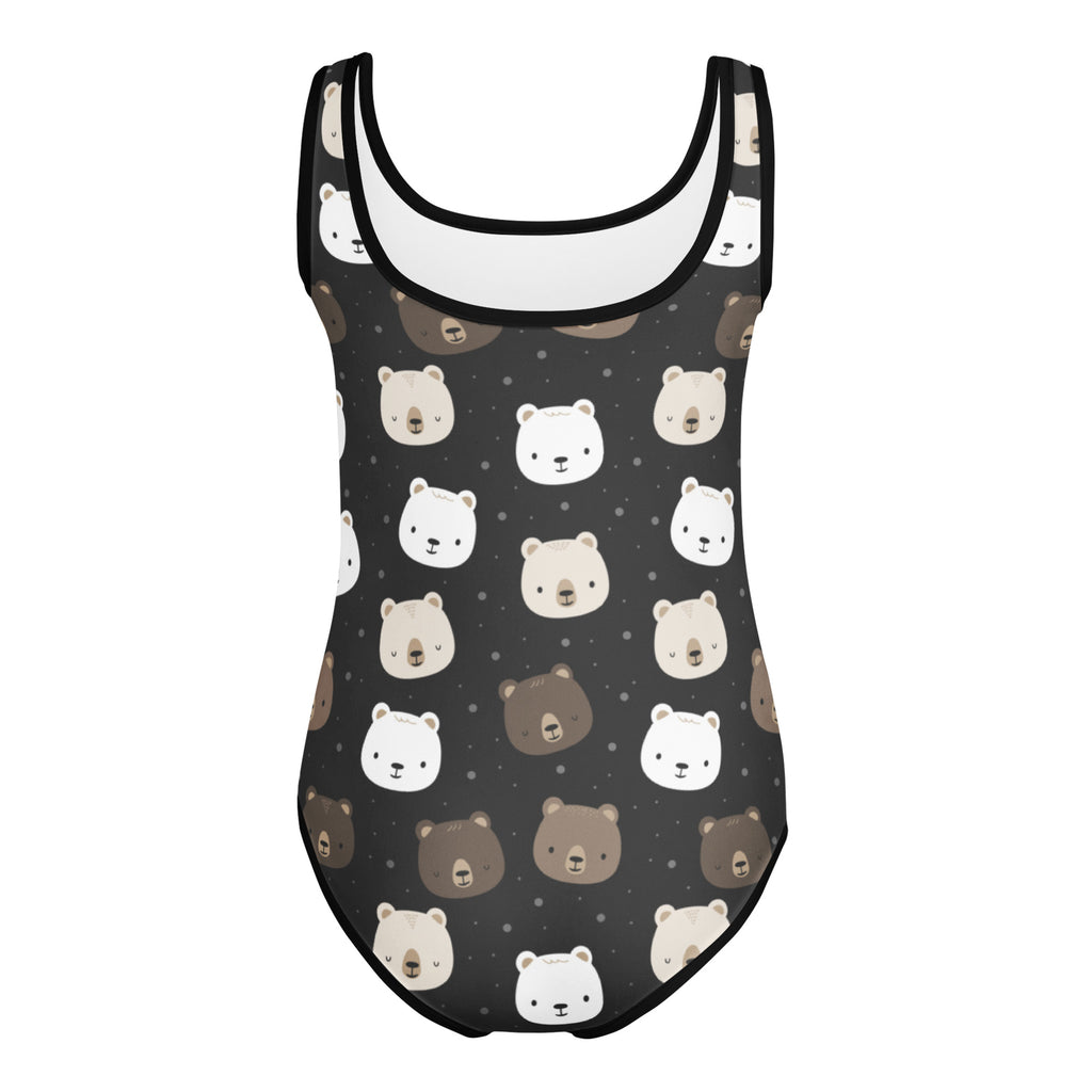 Girls black bear face buttery soft leotard with quick drying fabric featuring cartoon bears on a dark background