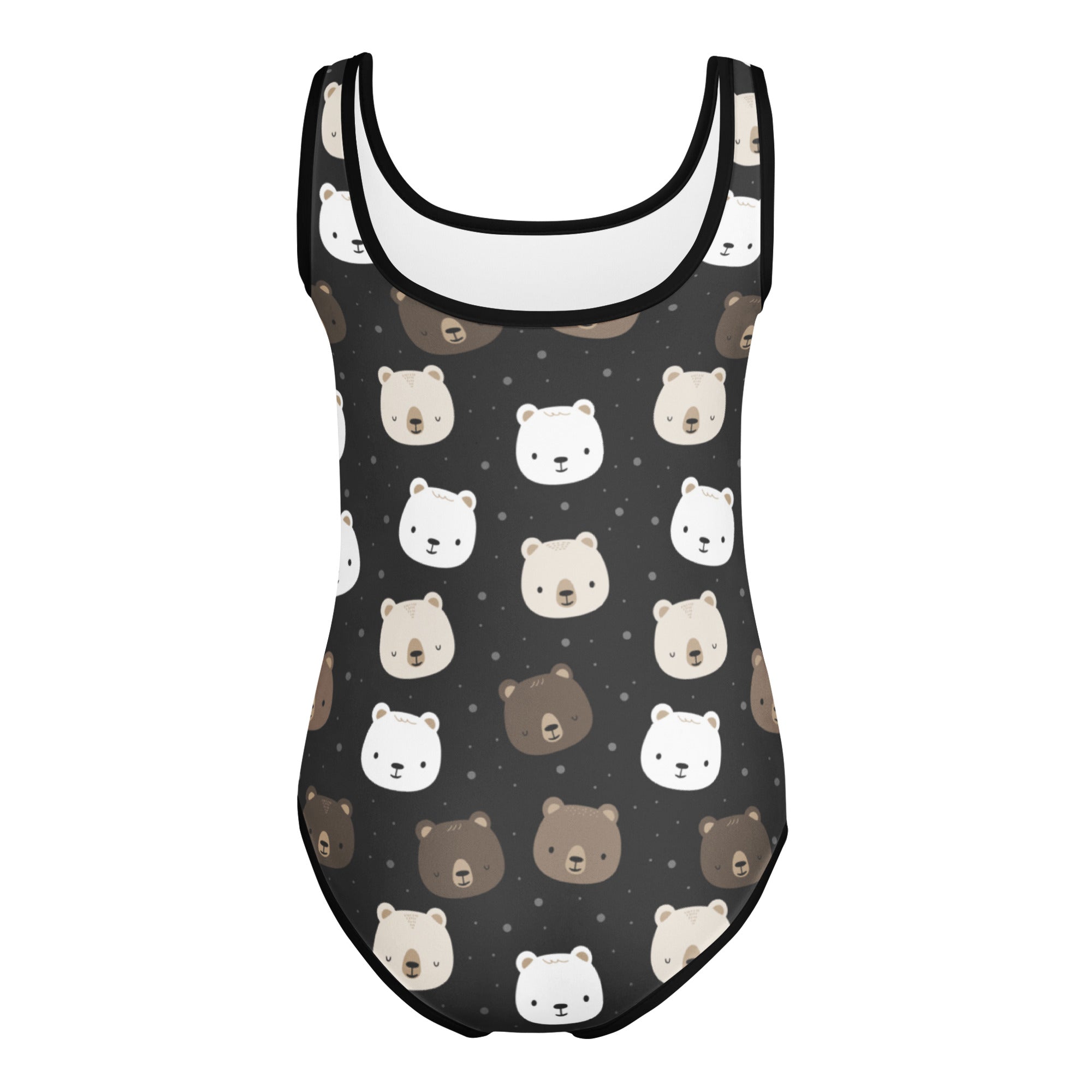 Girls black bear face buttery soft leotard with quick drying fabric featuring cartoon bears on a dark background