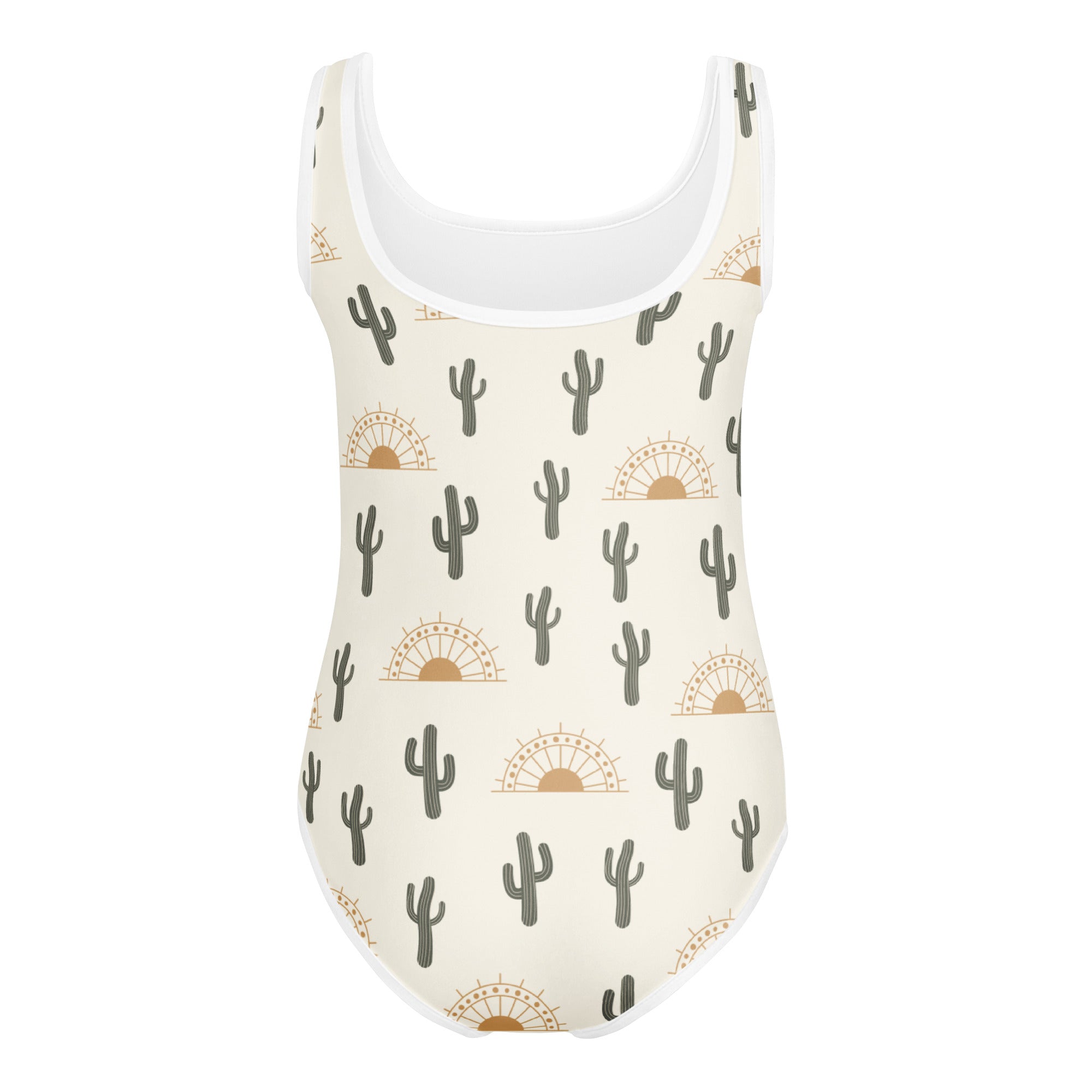 Girls cactus desert sunrise buttery soft cream one-piece swimsuit with white trim and gray cactus sun pattern for dance