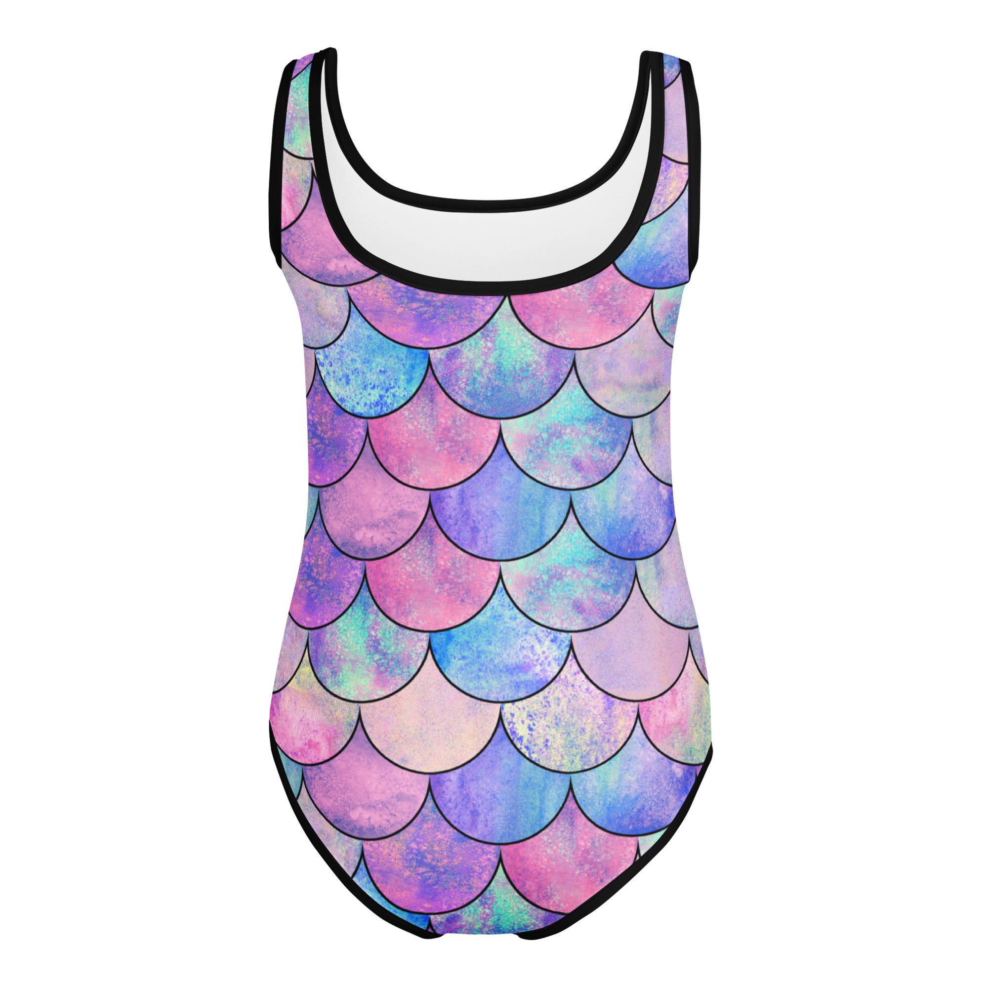 Girls mermaid scale buttery soft one-piece leotard in pastel watercolor pink purple and blue quick drying for dance