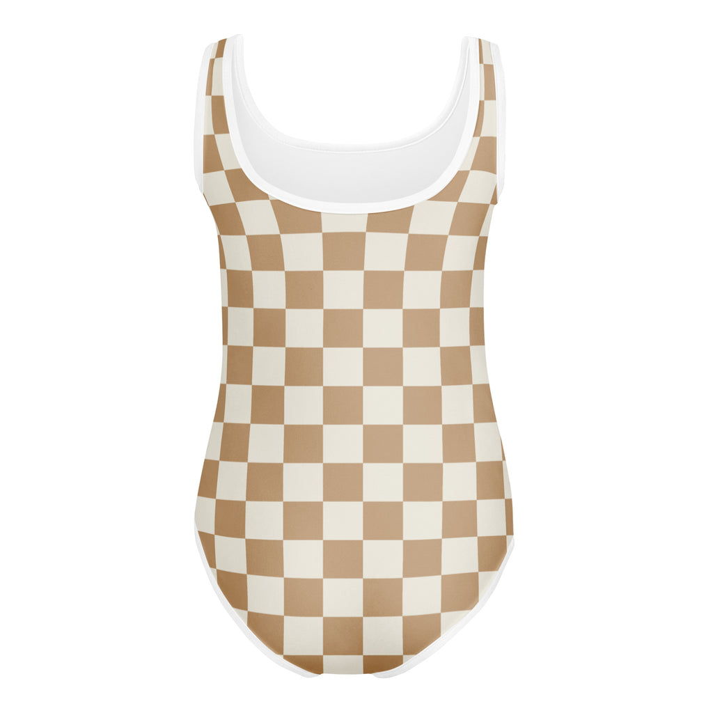 Beige and white checkered quick drying girls leotard with white scoop neckline for dance and gymnastics
