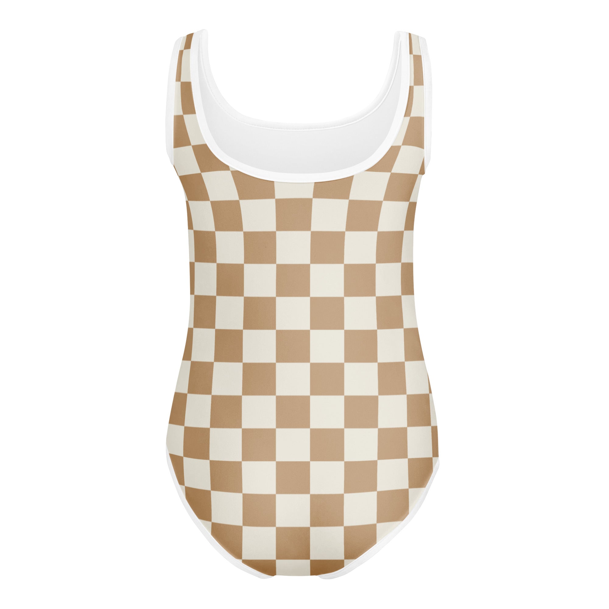 Beige and white checkered quick drying girls leotard with white scoop neckline for dance and gymnastics