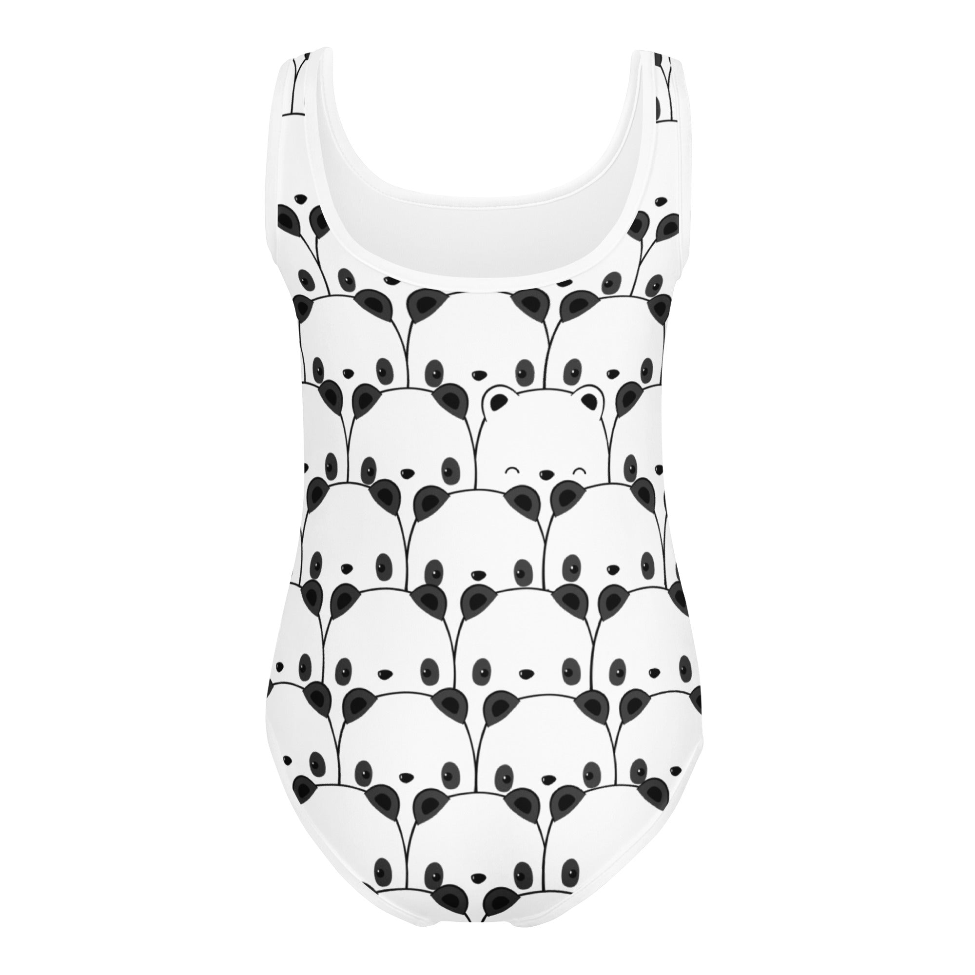 White one-piece swimsuit with playful black cartoon pandas peeking through leafy stems for girls dance and gymnastics