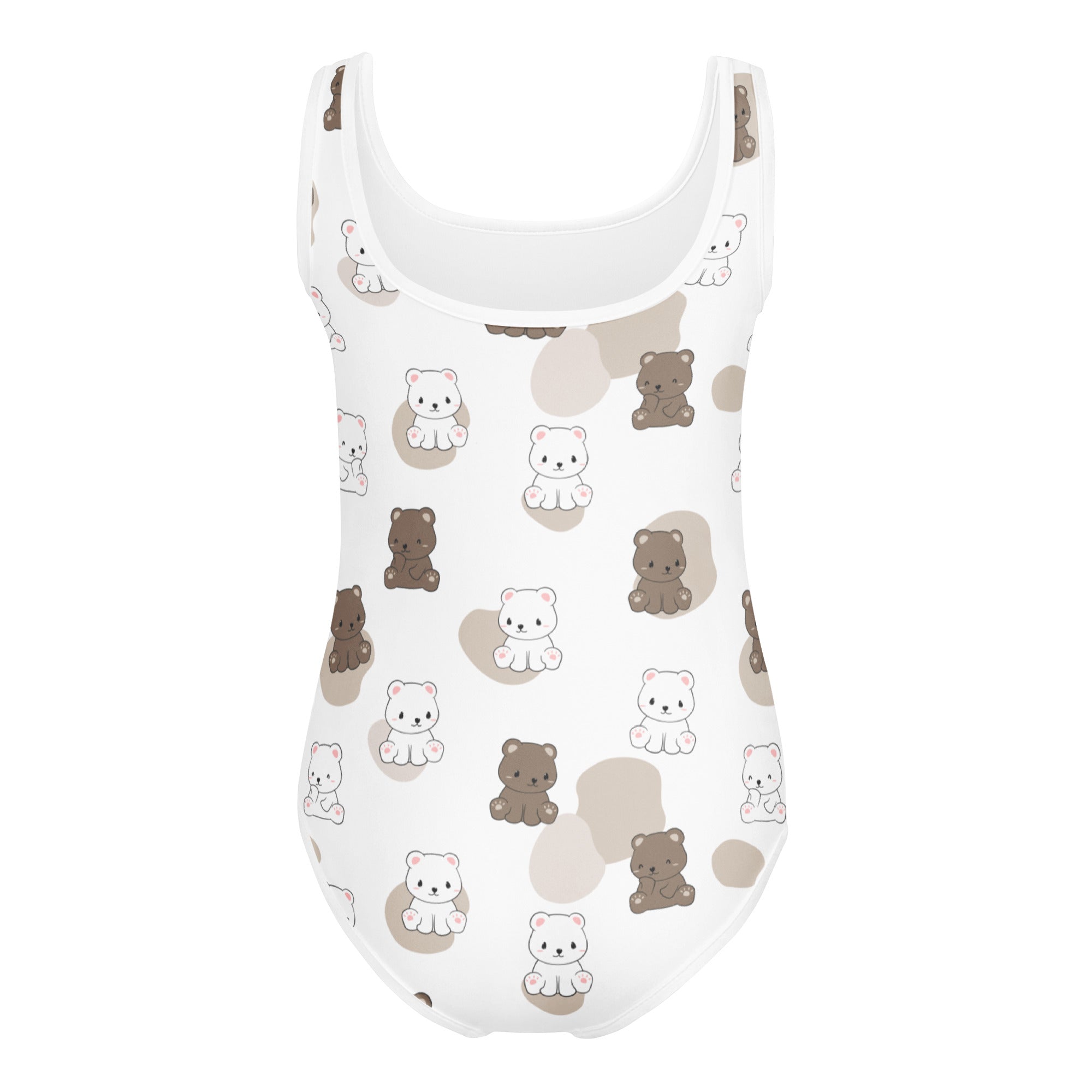Girls kawaii bear buttery soft white one-piece swimsuit with cartoon bears on beige circles for dance and gymnastics