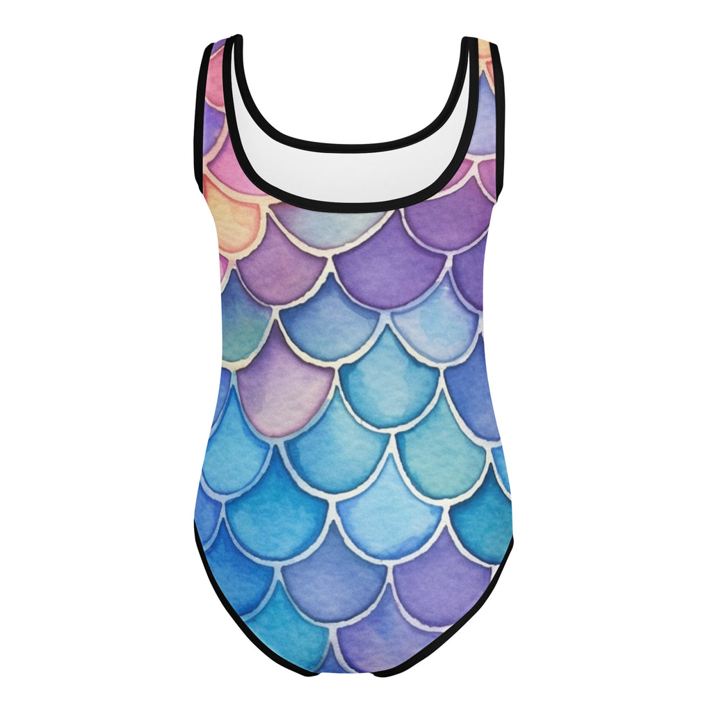 Girls watercolor mermaid scale buttery soft quick drying leotard with purple blue pink gradient for dance and gymnastics