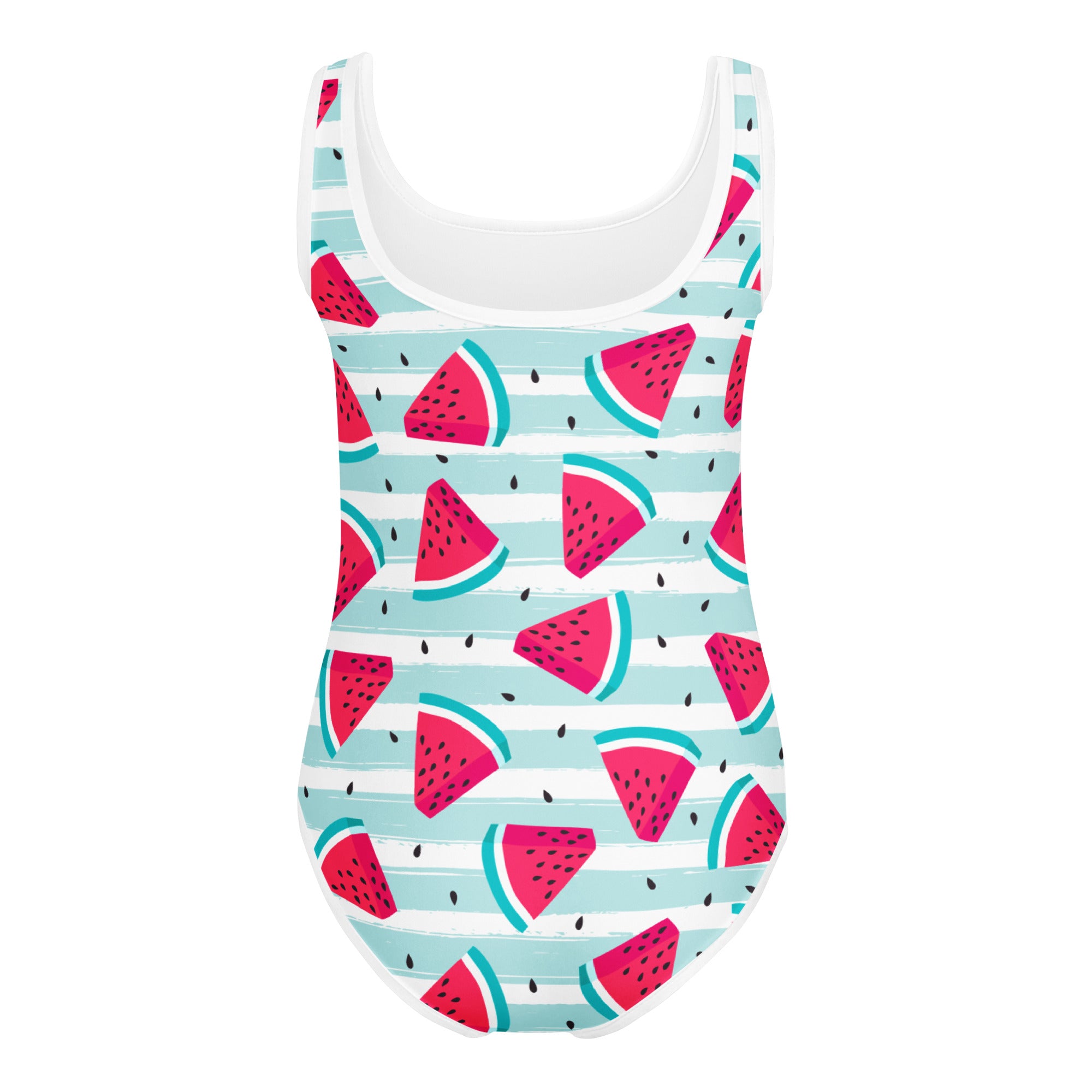 Girls striped watermelon buttery soft leotard with teal white stripes and playful pink melon wedges for dance and gymnastics
